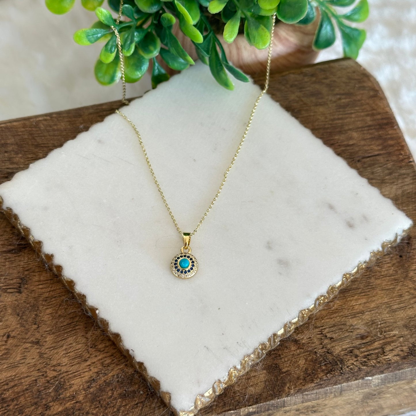 Dainty turquoise round pendant gold necklace