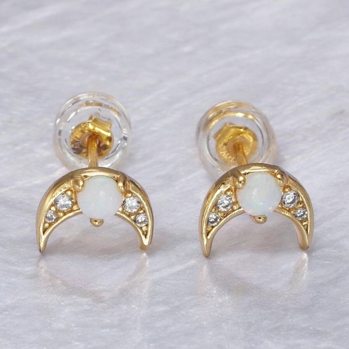 Dainty crescent opal moon stud earrings