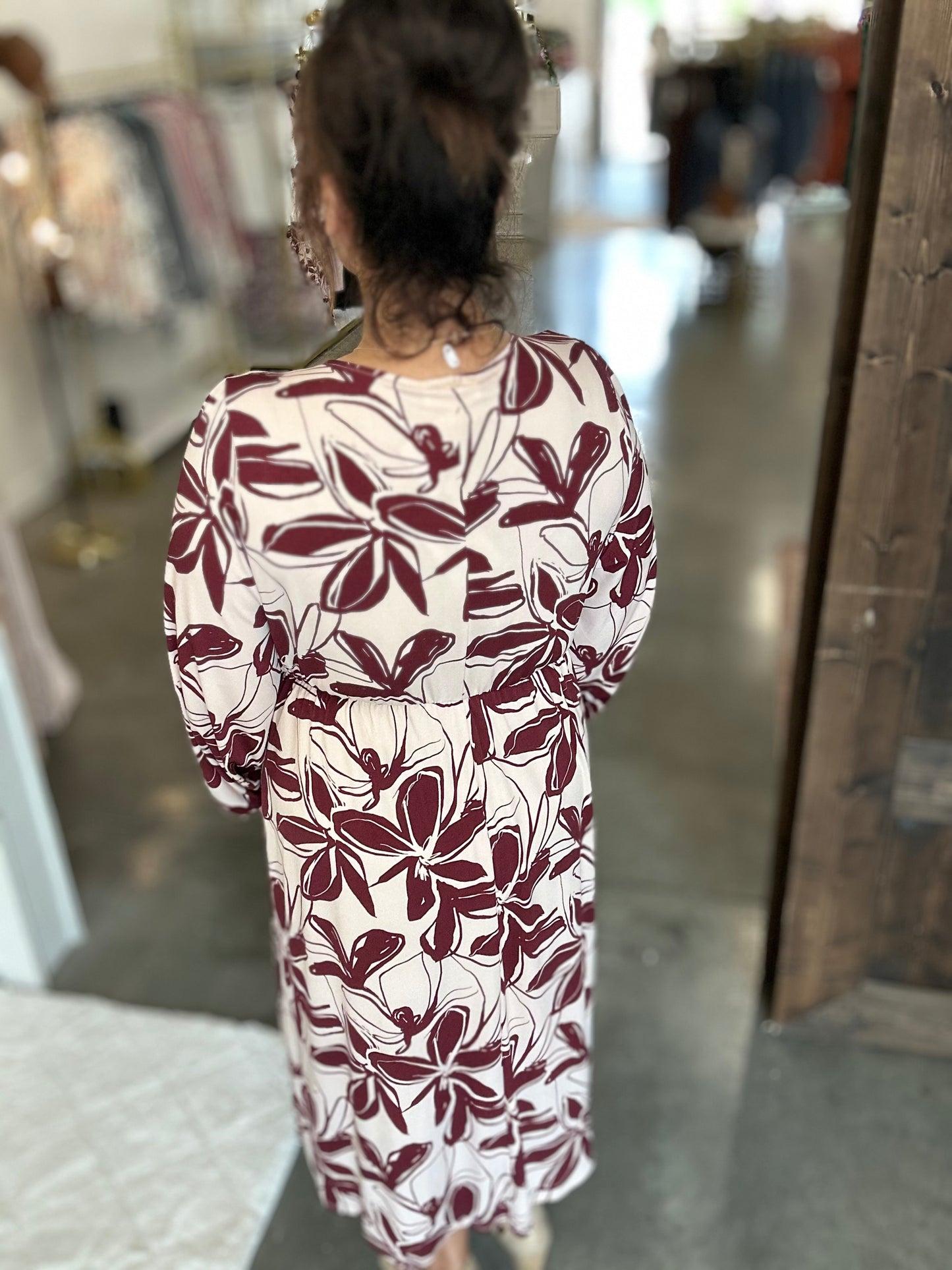 Burgundy Floral Long Sleeve Midi Dress