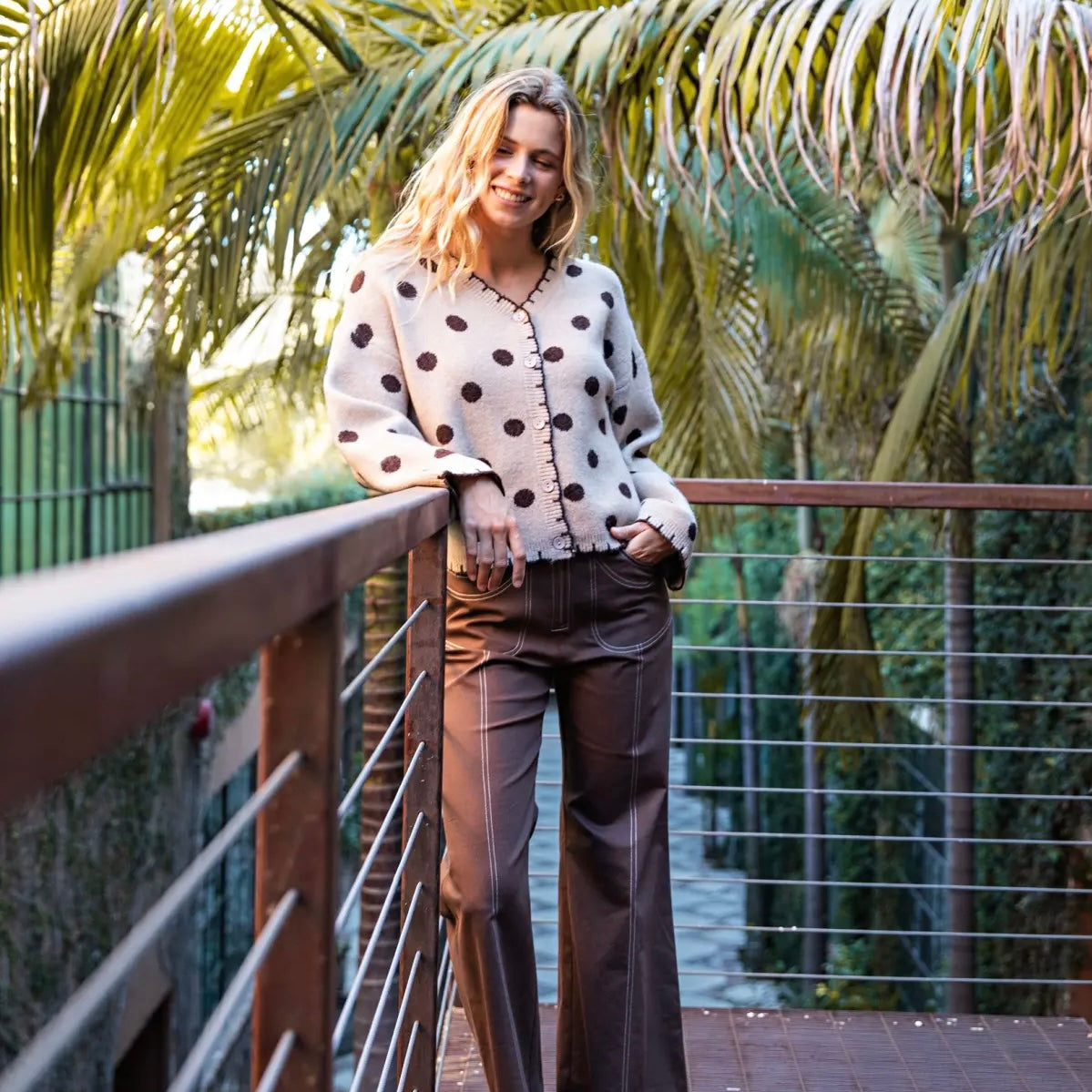 Mocha Polka-Dot Button Down Cardigan w/ Blanket Stitch Details