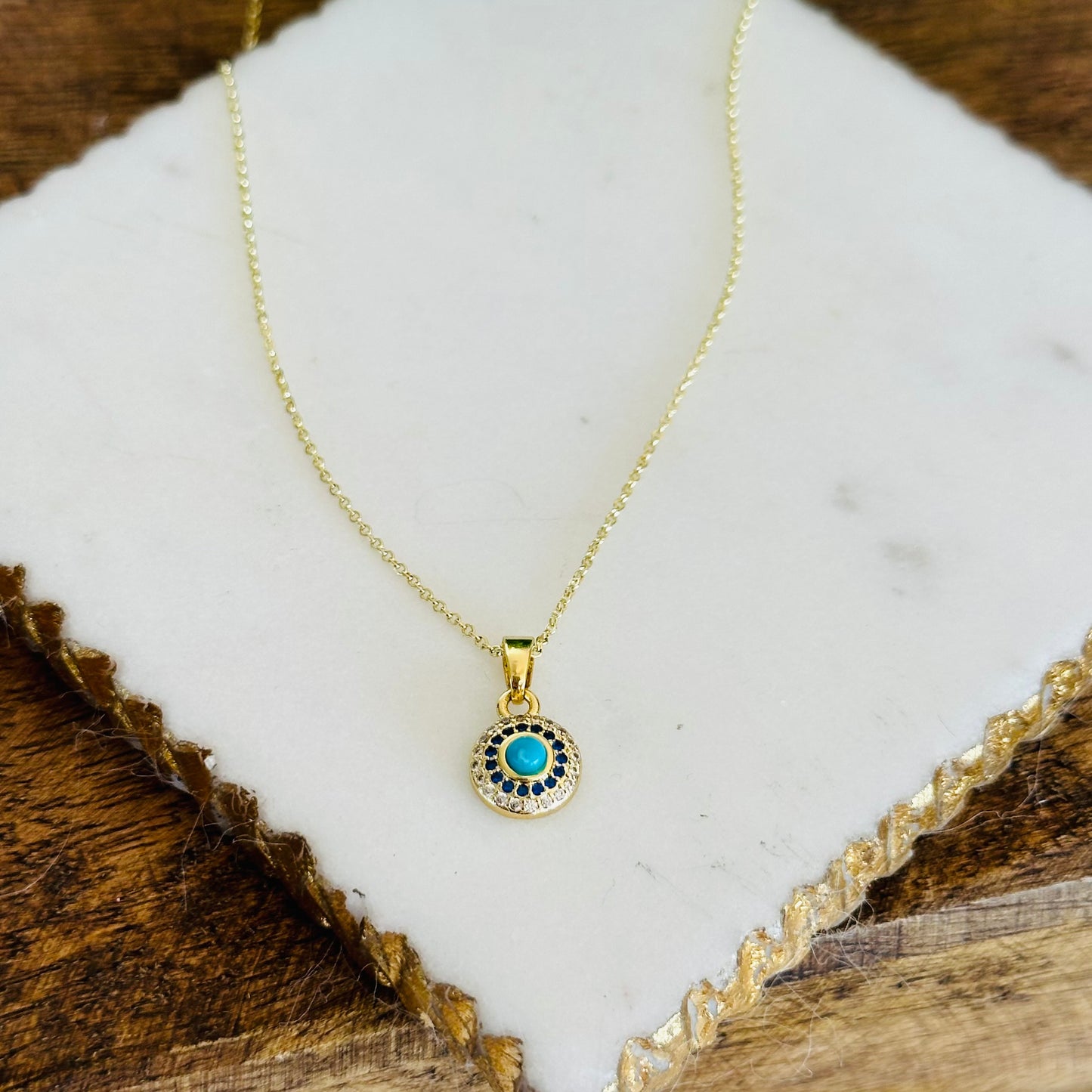 Dainty turquoise round pendant gold necklace