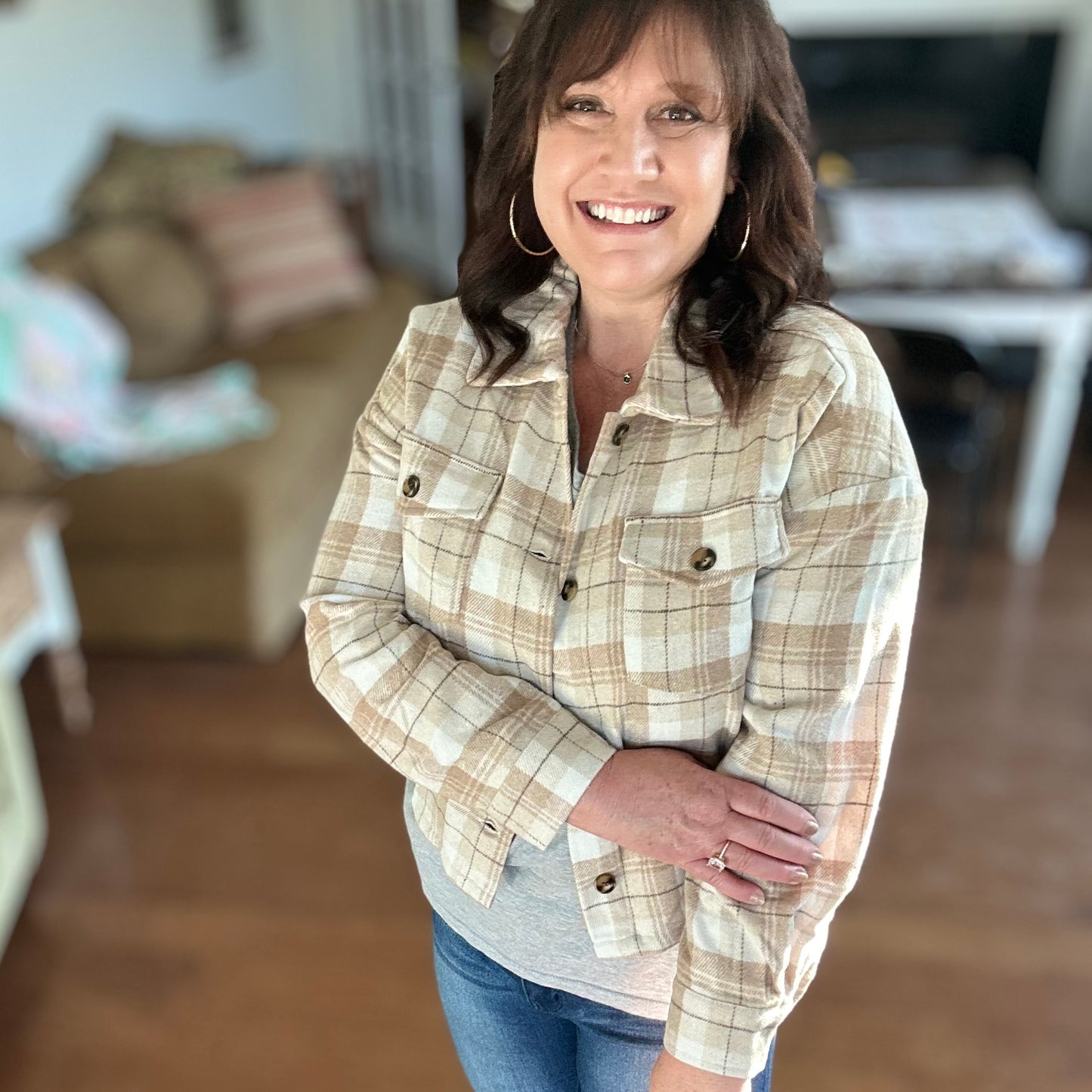 beige plaid shacket with front pockets