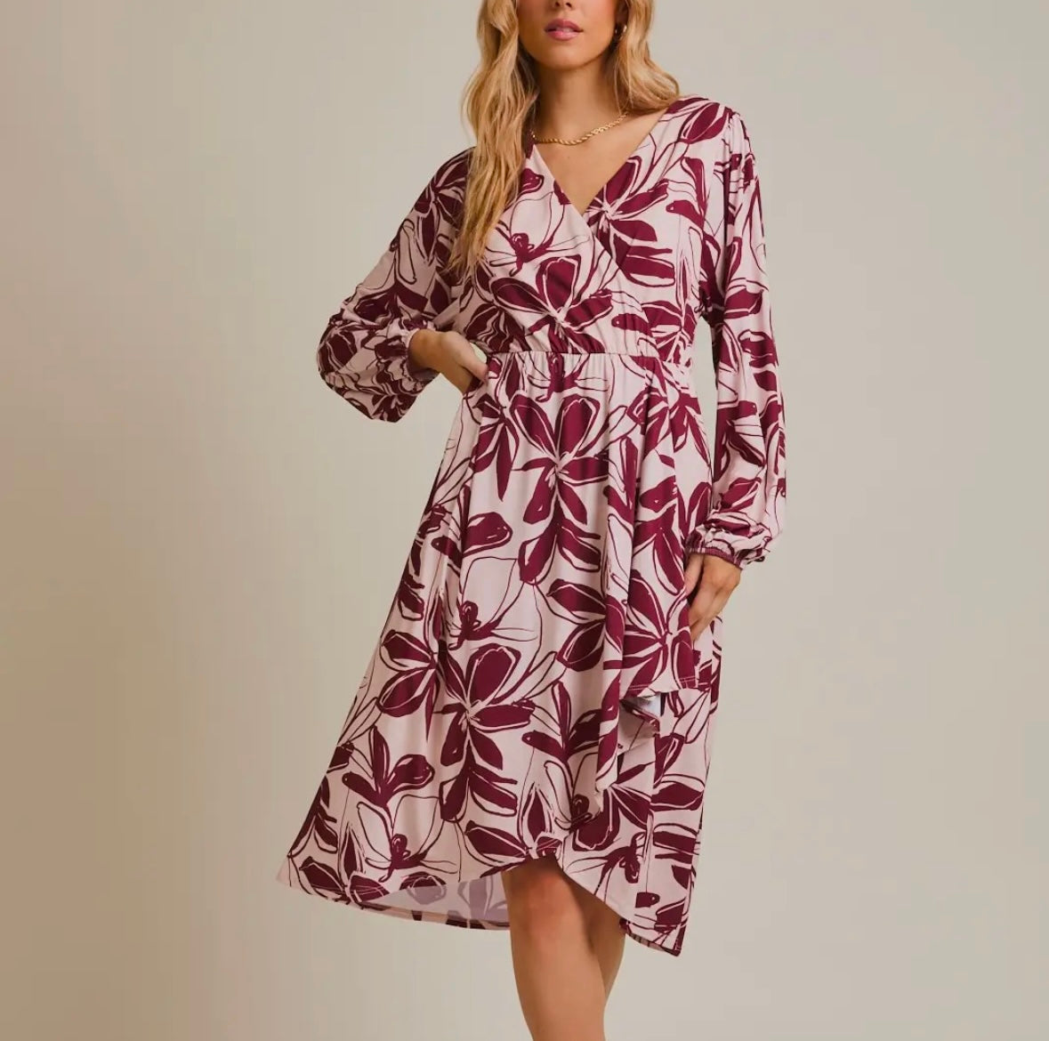 Burgundy Floral Long Sleeve Midi Dress