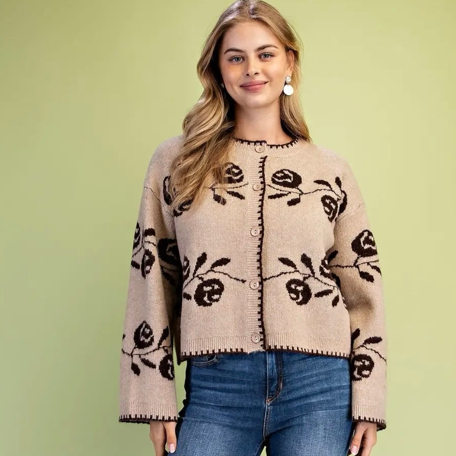 Mocha / Brown Rose Print Cardigan