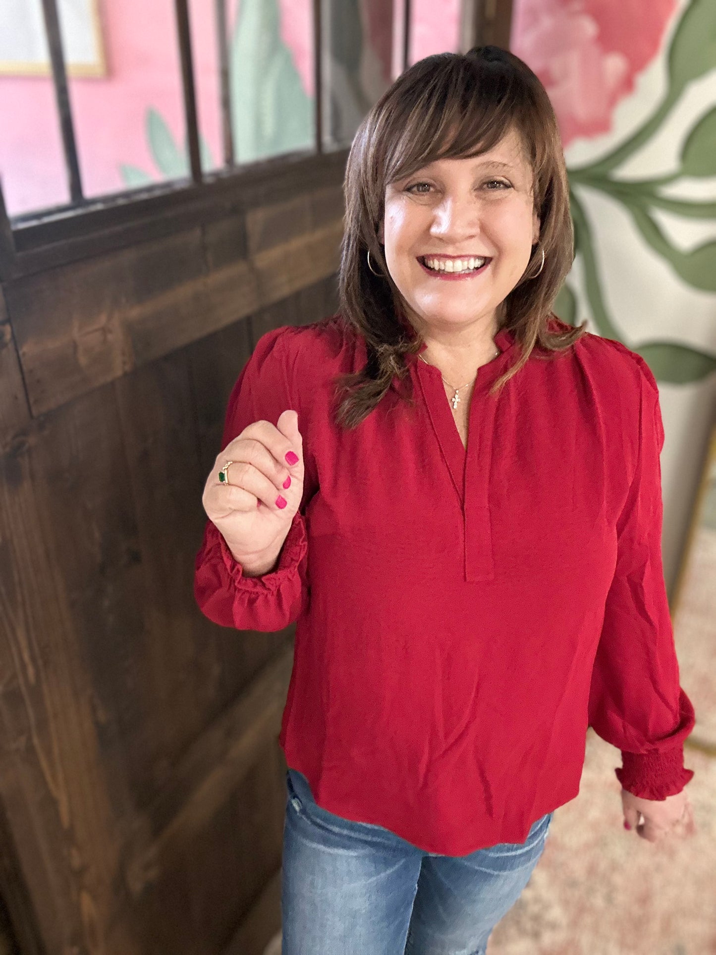Red Notched Neck Shirred Cuff Blouse