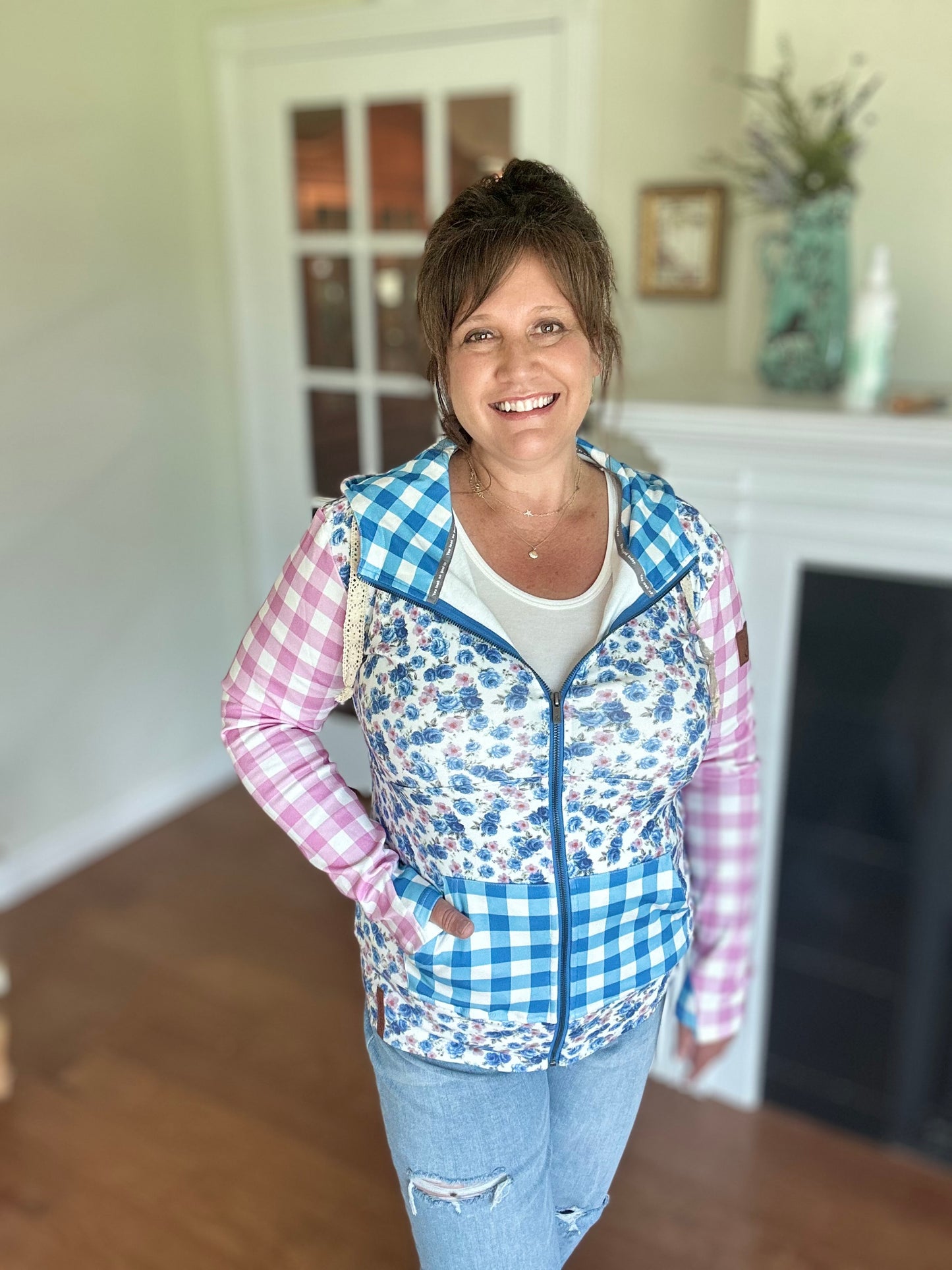 Ampersand Avenue FullZip Sweatshirt - Gingham Garden