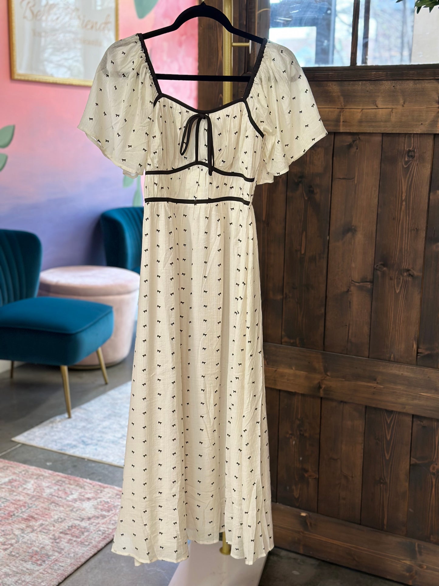 Cream Bow Print Midi Dress