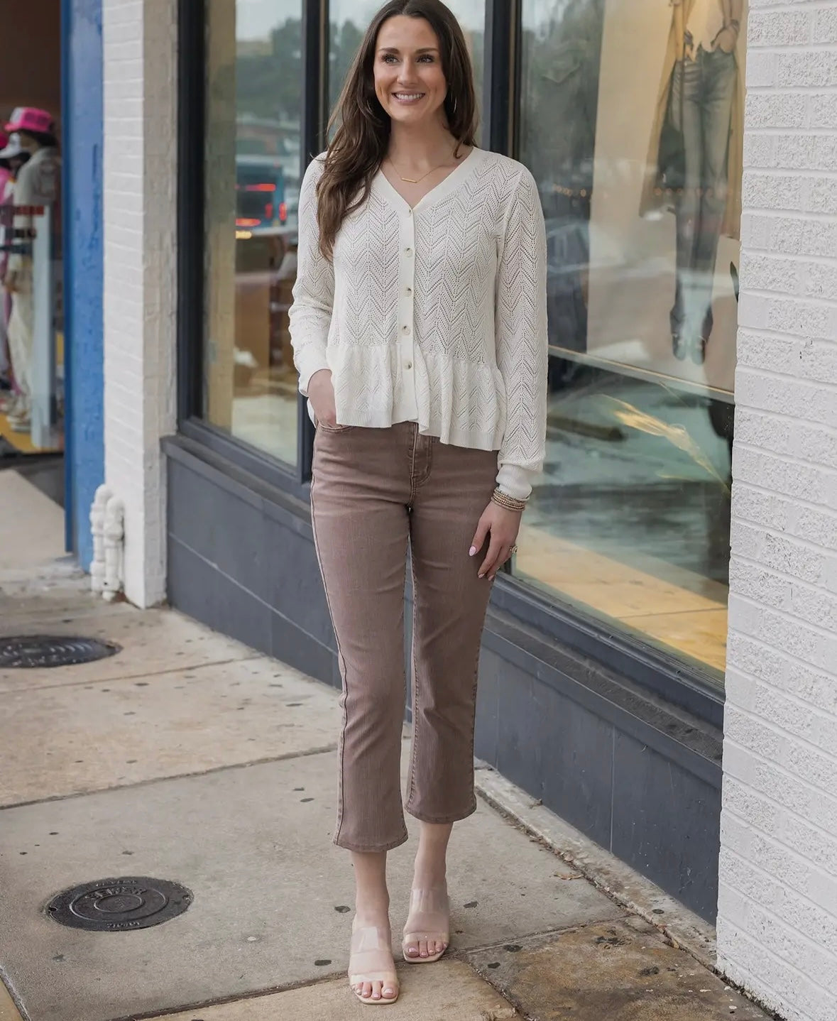 Pointelle Peplum Cardigan - Ivory