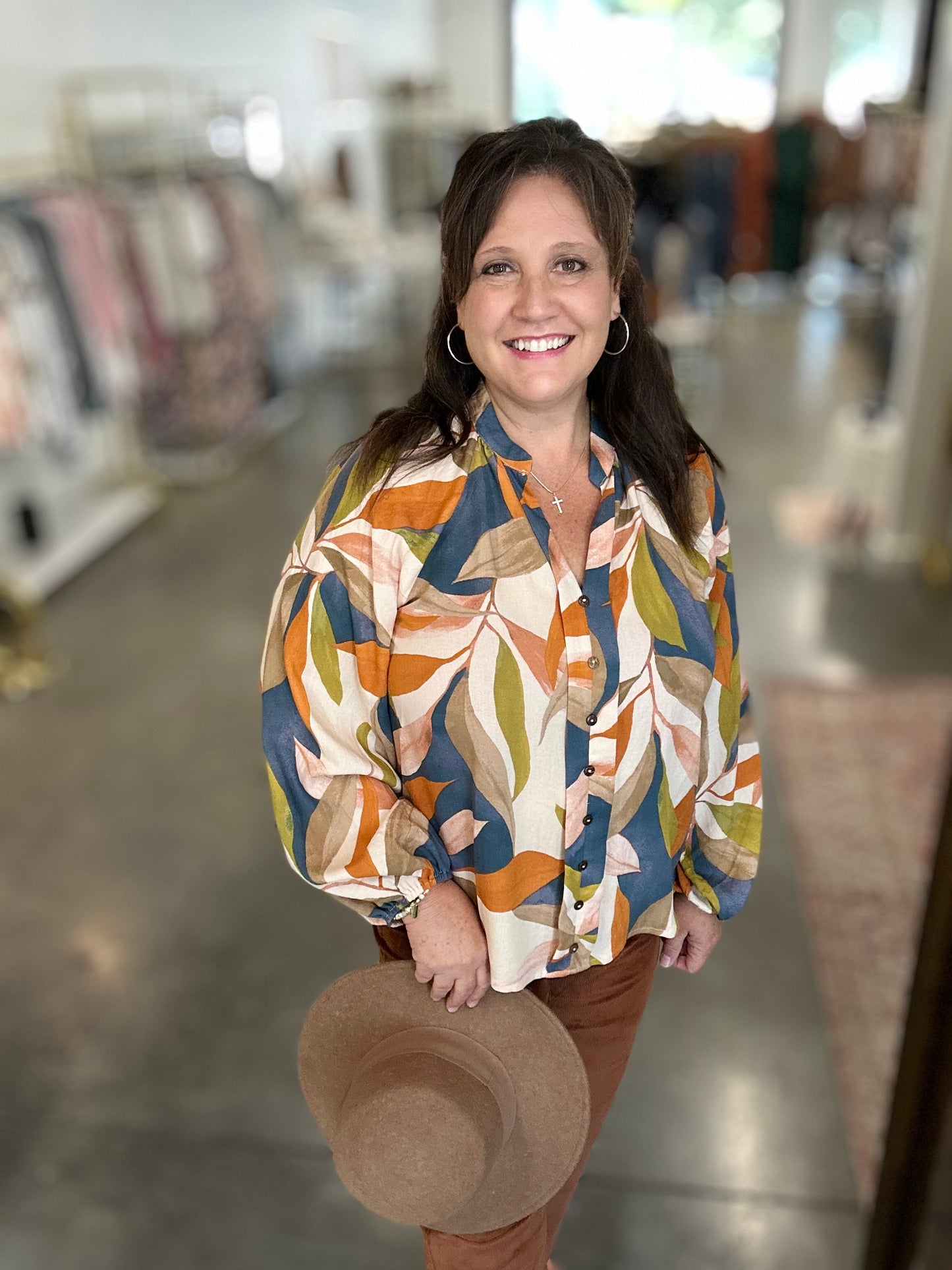 Indigo Leaf Print Blouse