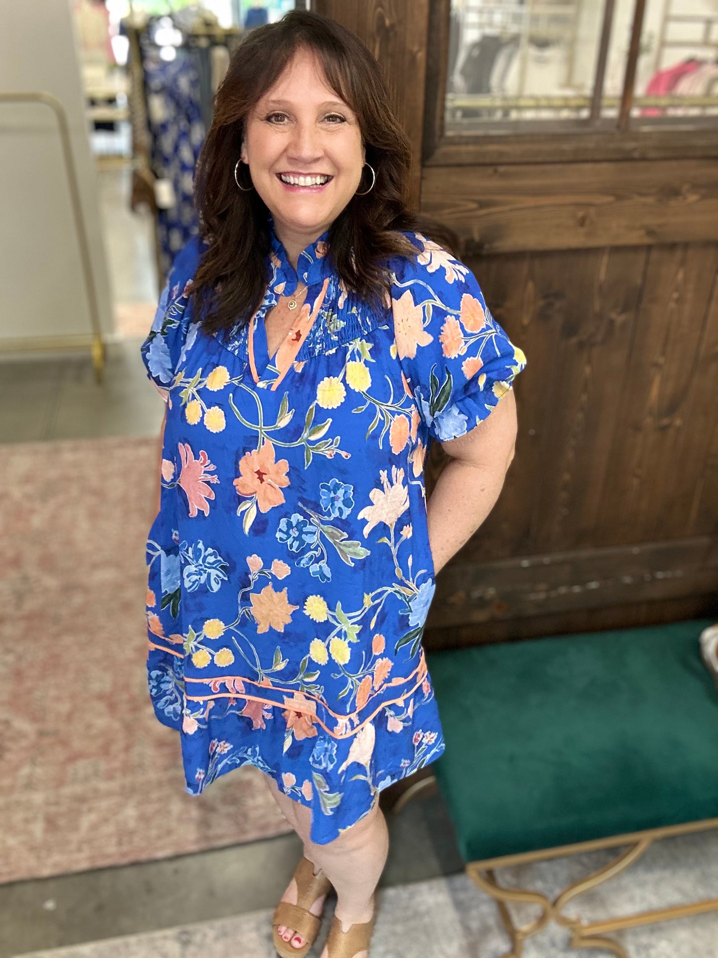 Blue Floral Ruffle Hem Mini Dress