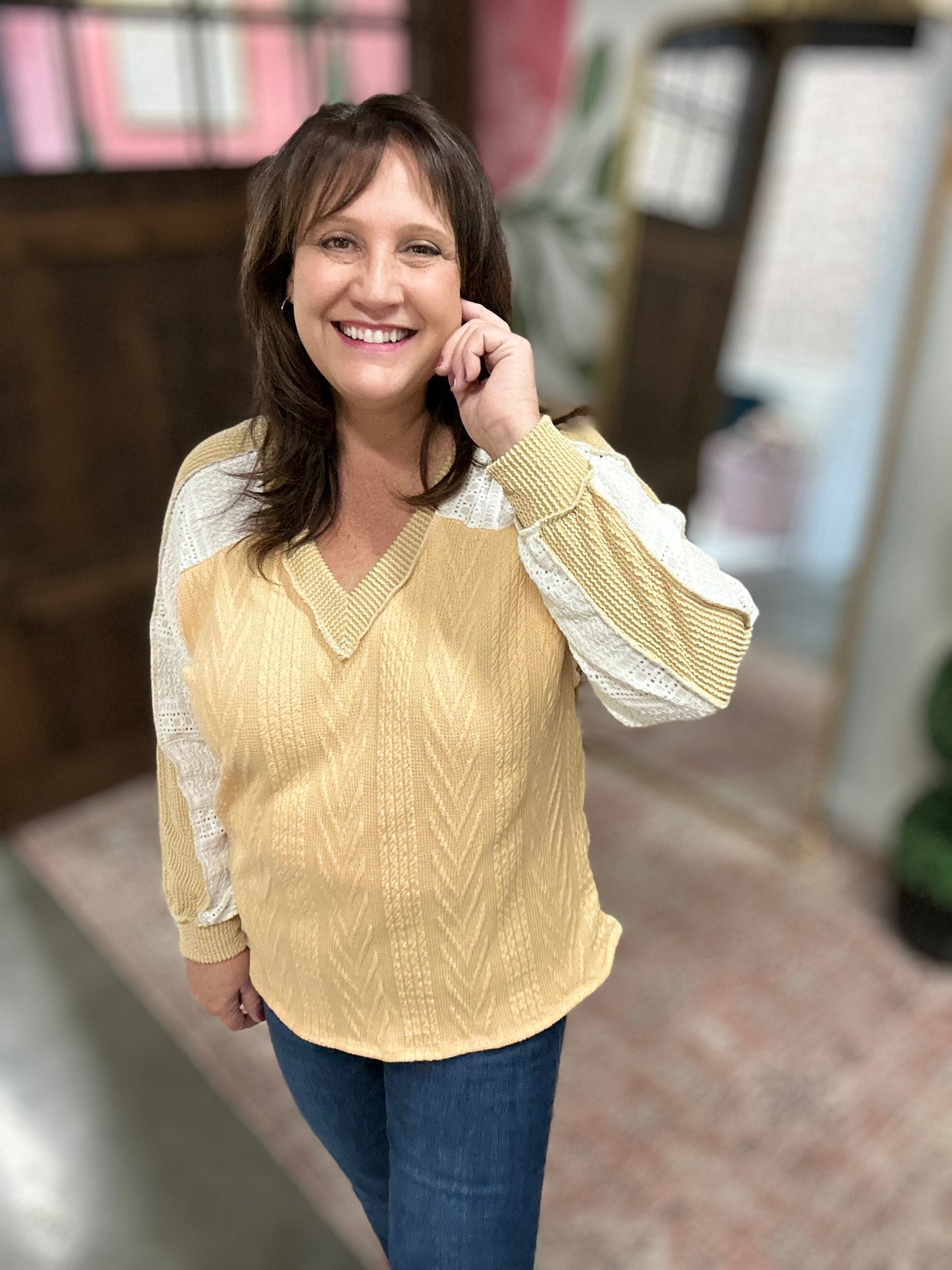 Grace in Layers Cable Knit Top - Mustard