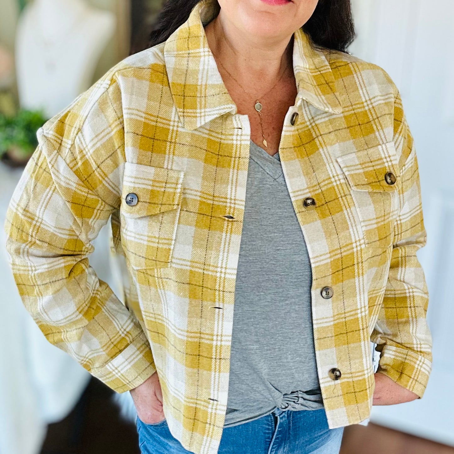 yellow plaid shacket with front pockets
