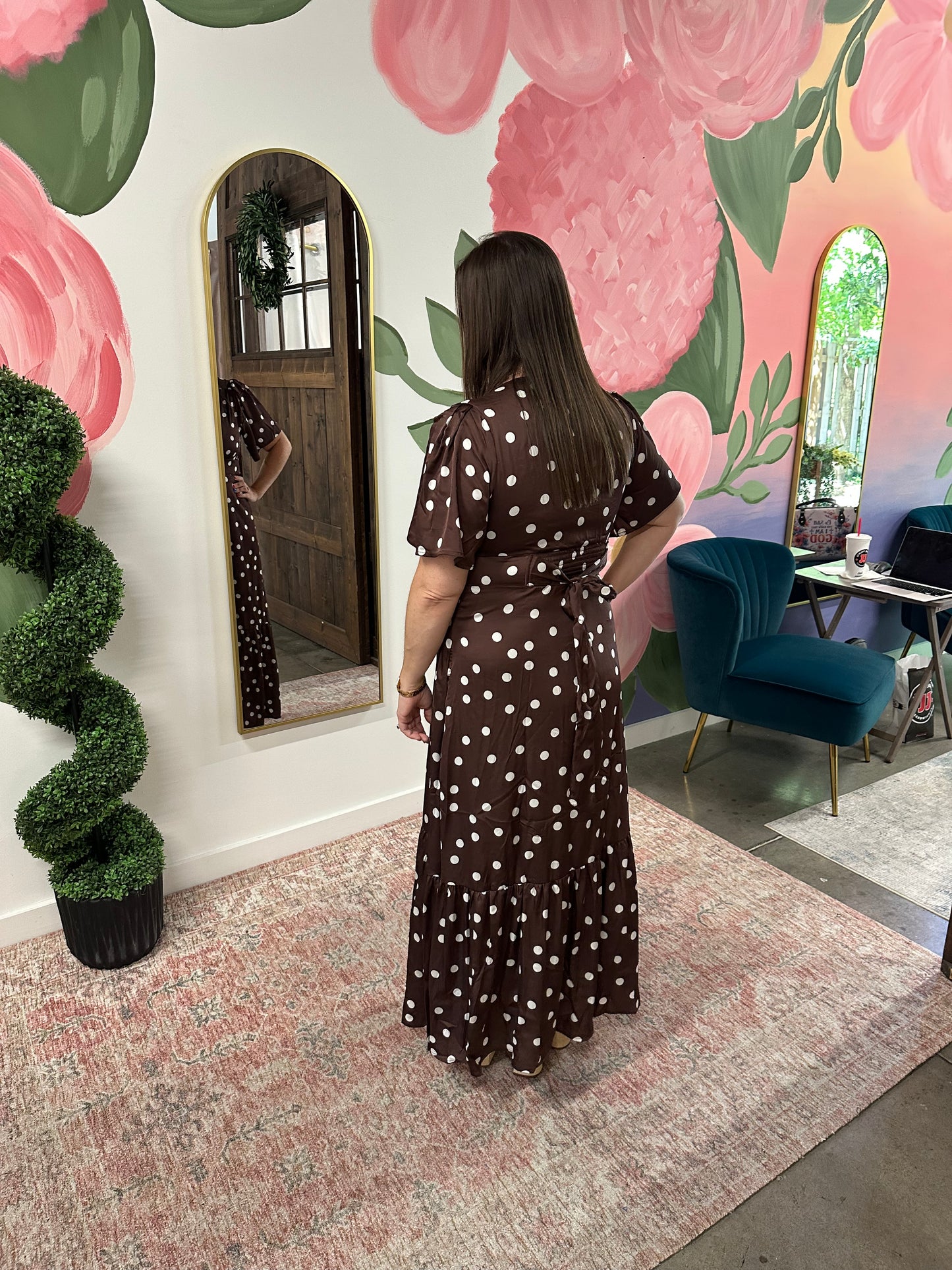 Brown Polka Dot Flutter Sleeve Maxi Dress