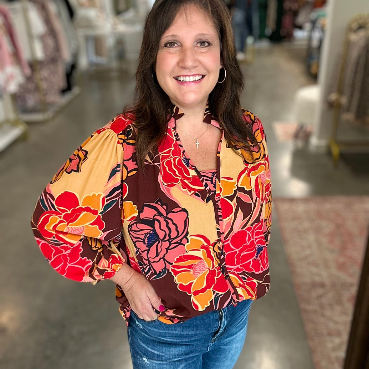 Plus Pink Brown Floral Blouse