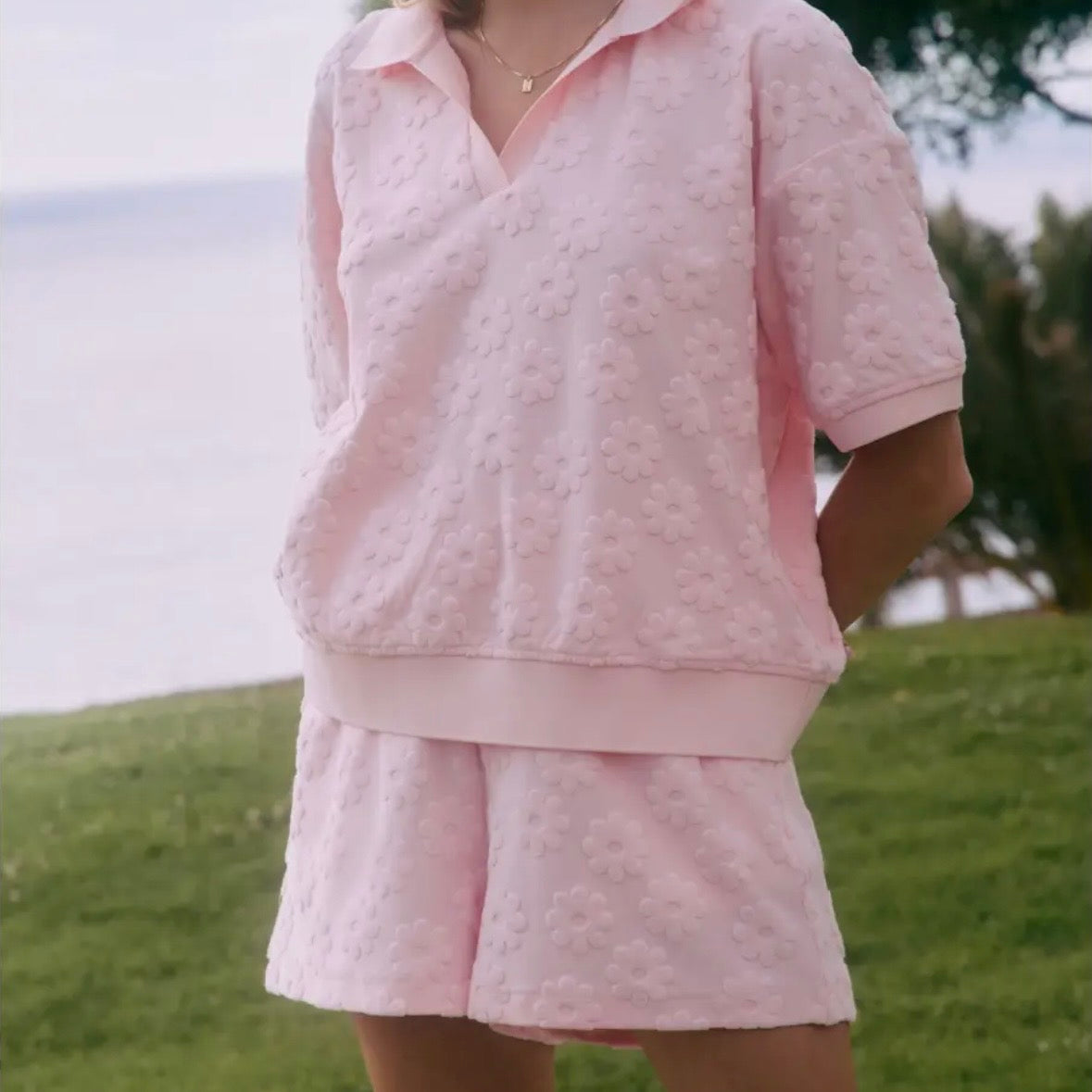 Floral Textured Terry Cloth Knit Set | Baby Pink