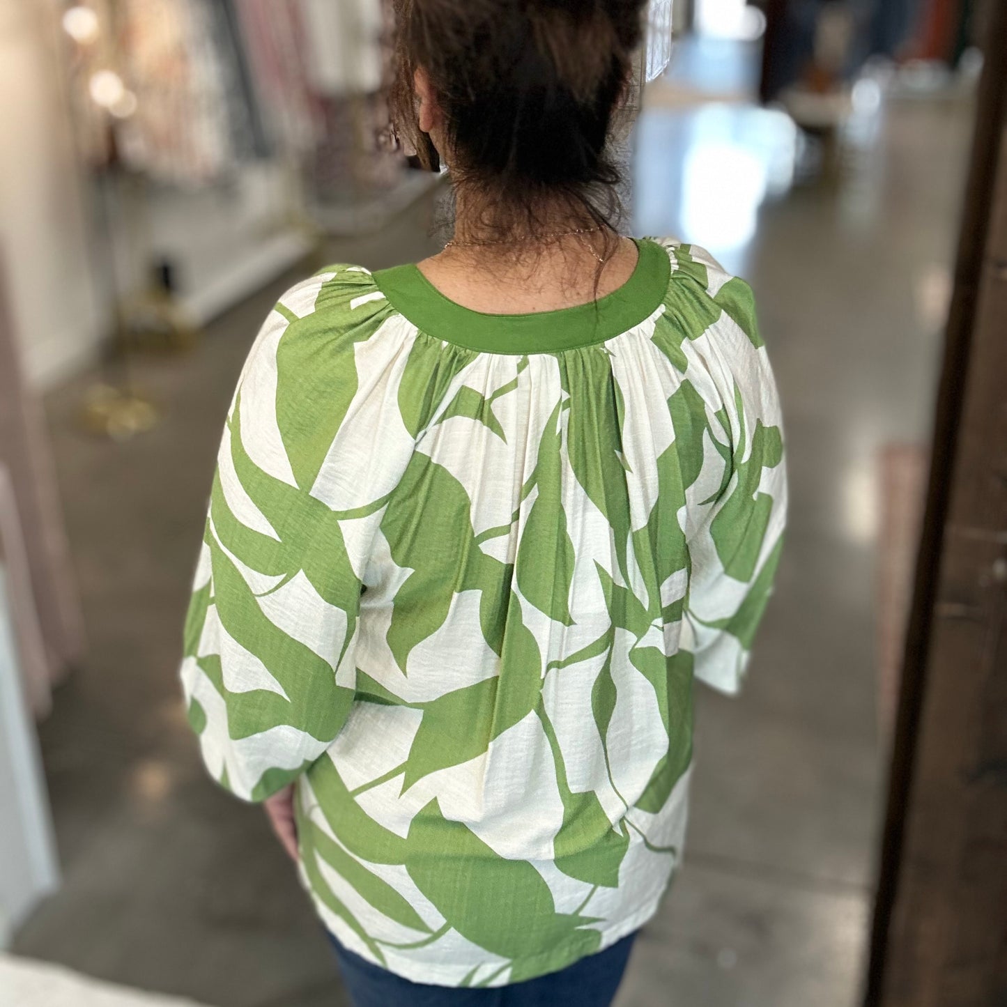Green Leaf Print Blouse