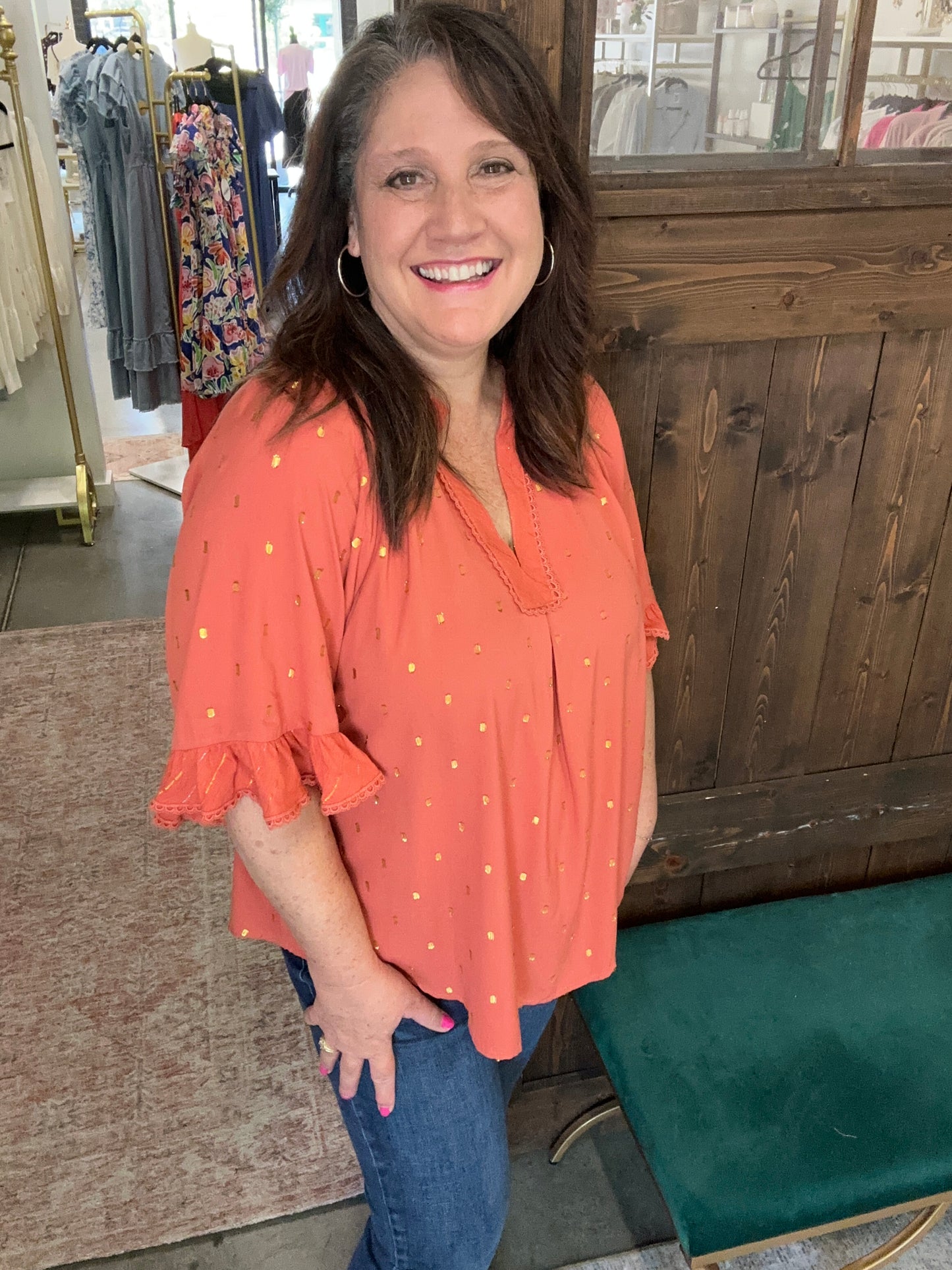 Terracota V-Neck Solid Top with Dot Accents