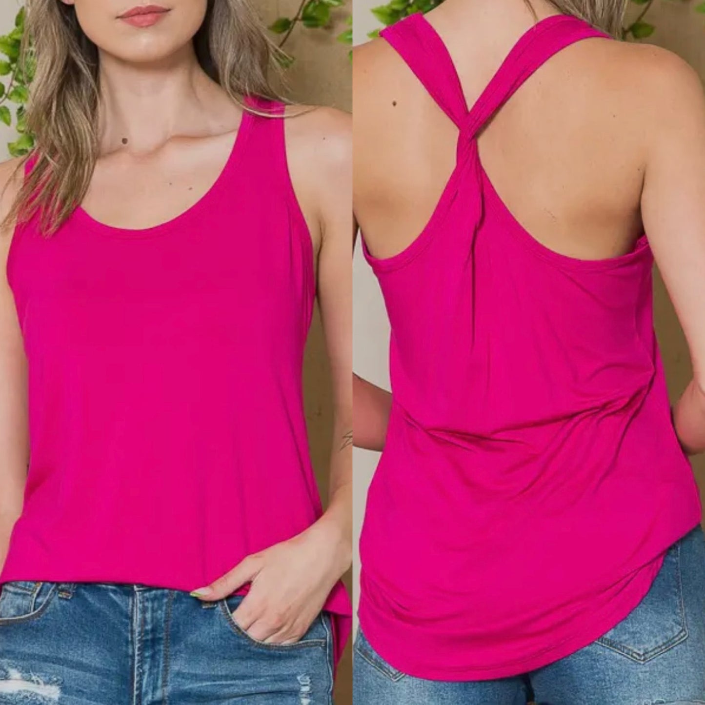 Fuchsia Twisted Back Tank Top