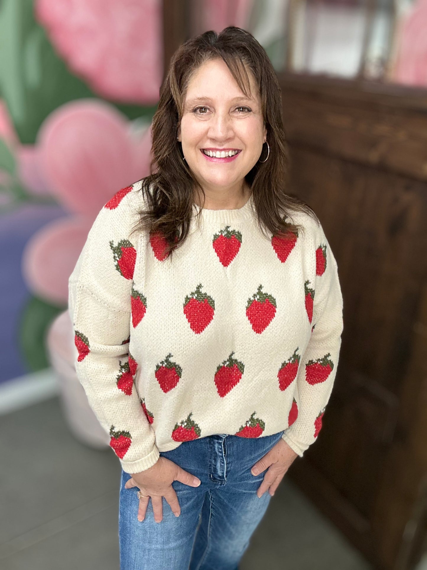 Ivory Strawberry Print Knit Sweater