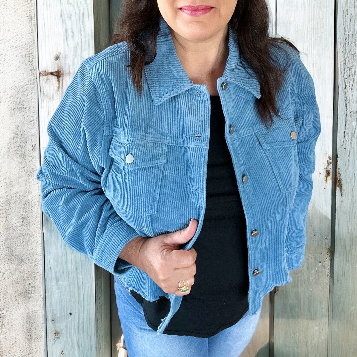 blue fray hem corduroy jacket