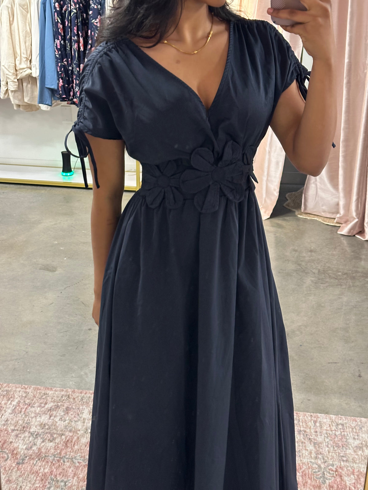 Solid Navy Floral Applique V-Neck Maxi Dress