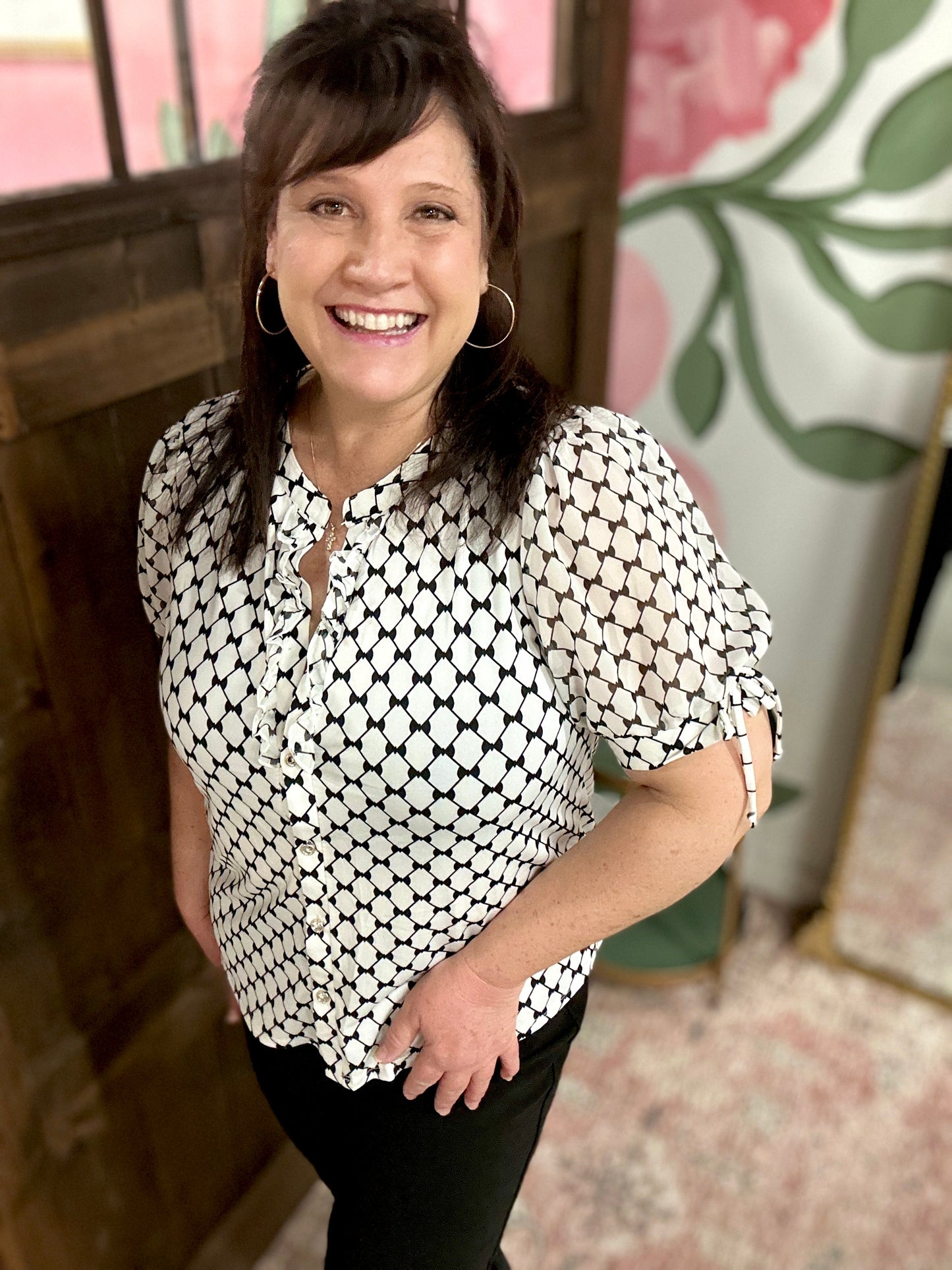 Ivory Black Bow Print Top