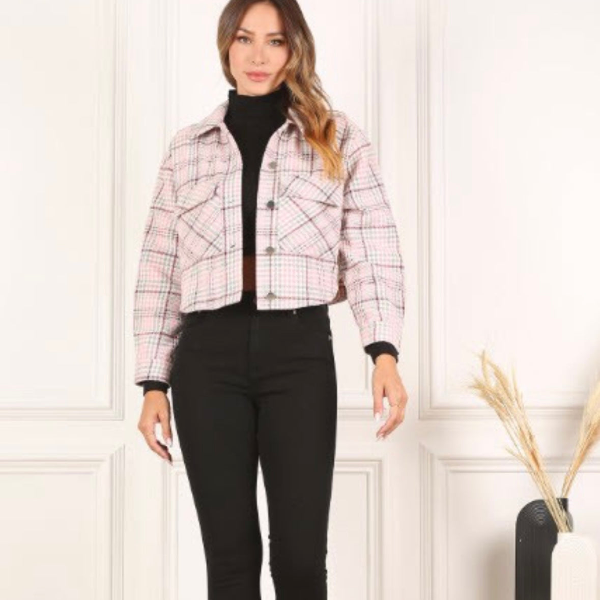 Pink Plaid Crop Jacket