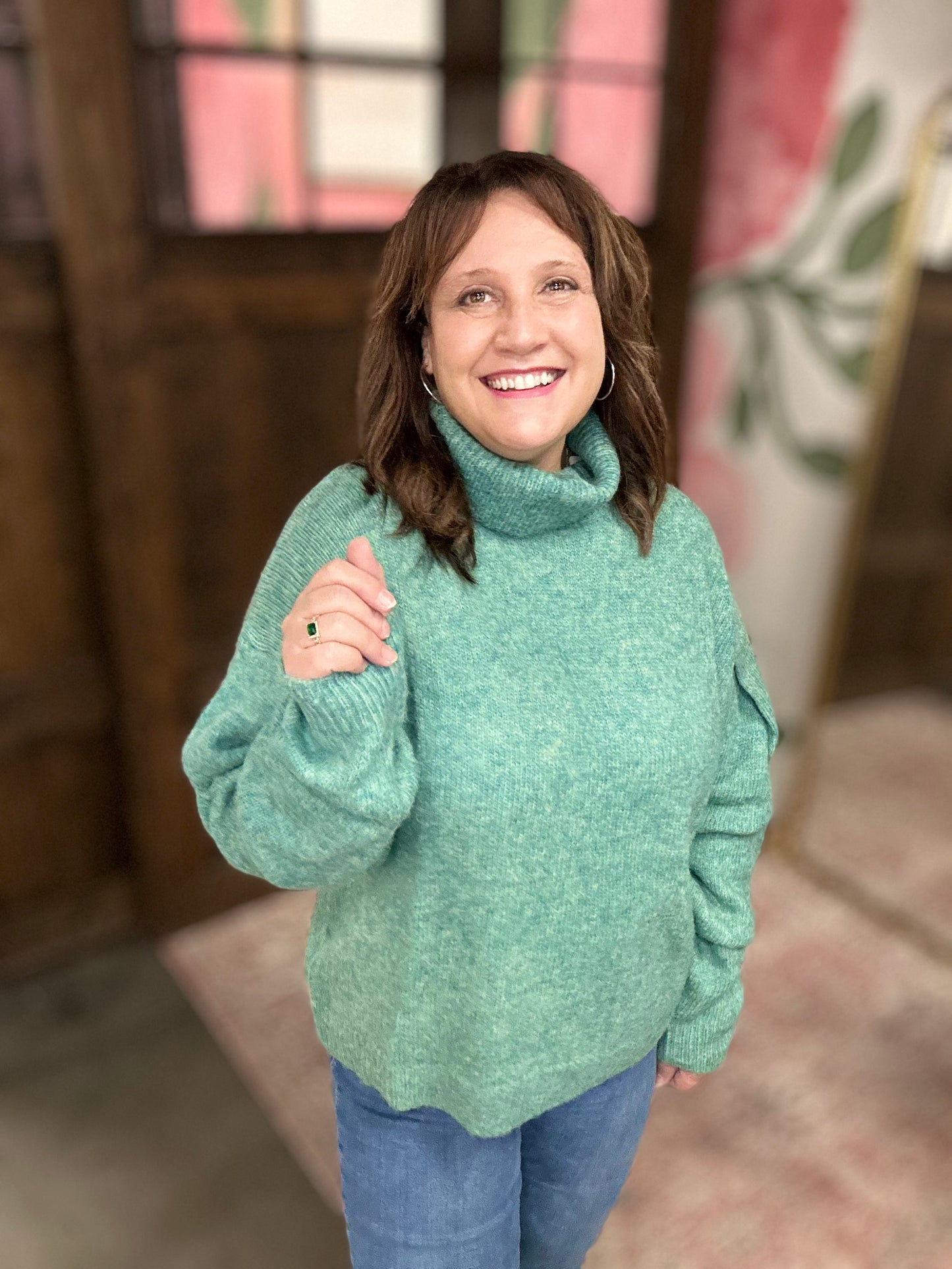 Mermaid Green Loose Fit Turtleneck Pin Tuck Sweater