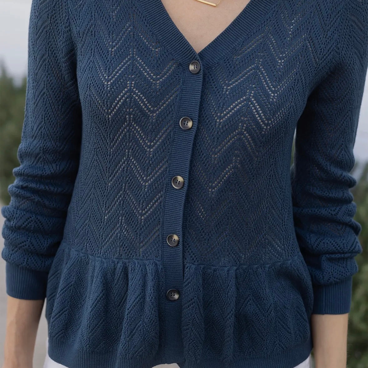 Pointelle Peplum Cardigan - Navy