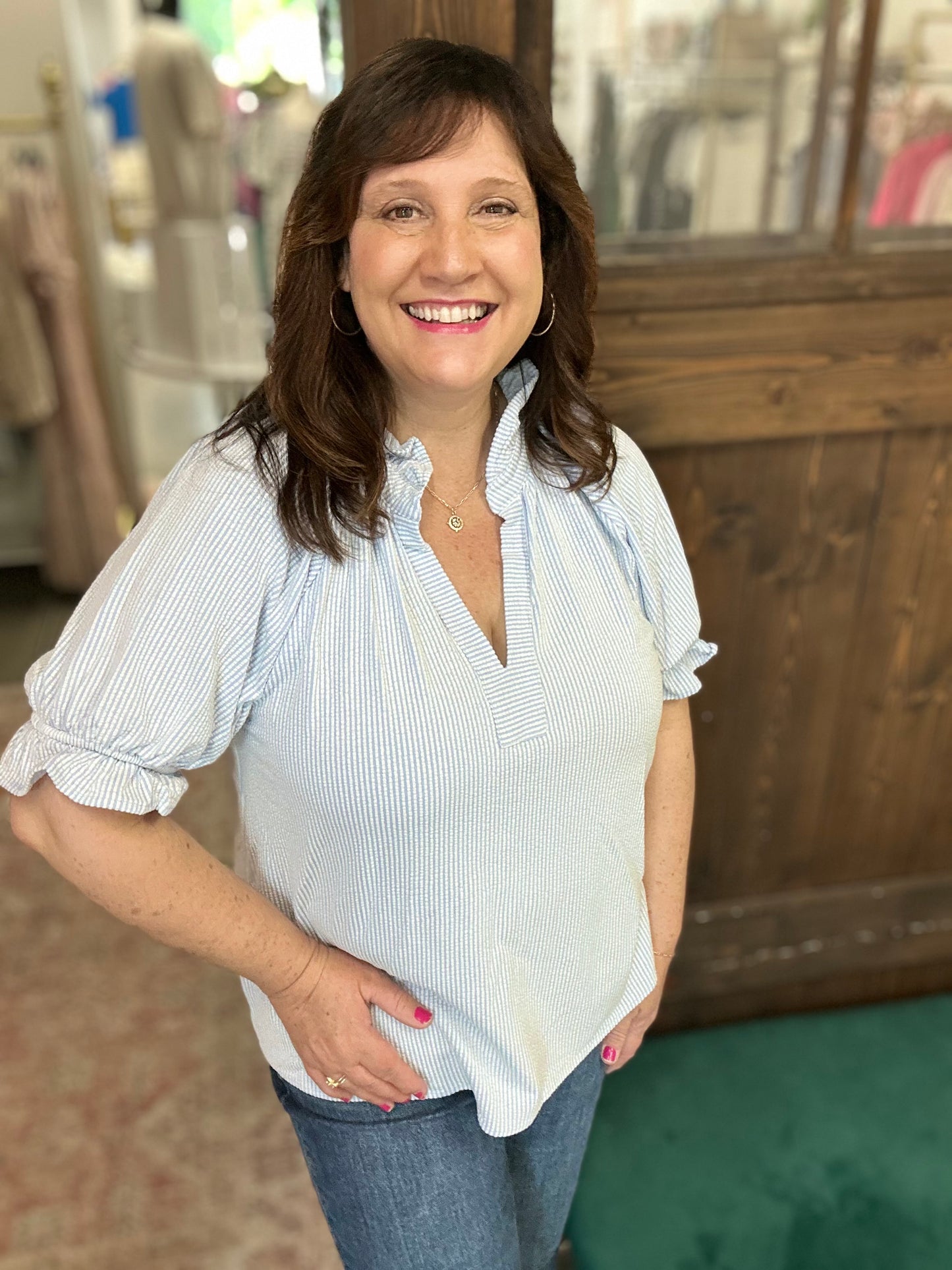 Light Blue Textured Ruffle Sleeve V-Neck Top