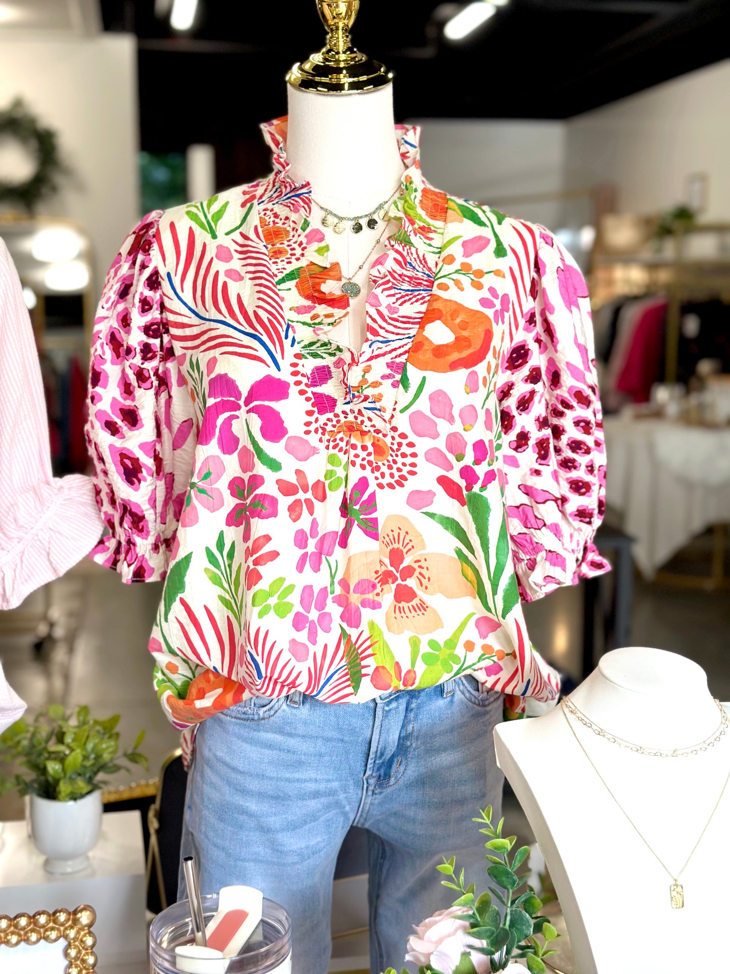 Pink Mix V-Neck Ruffle Trim Top