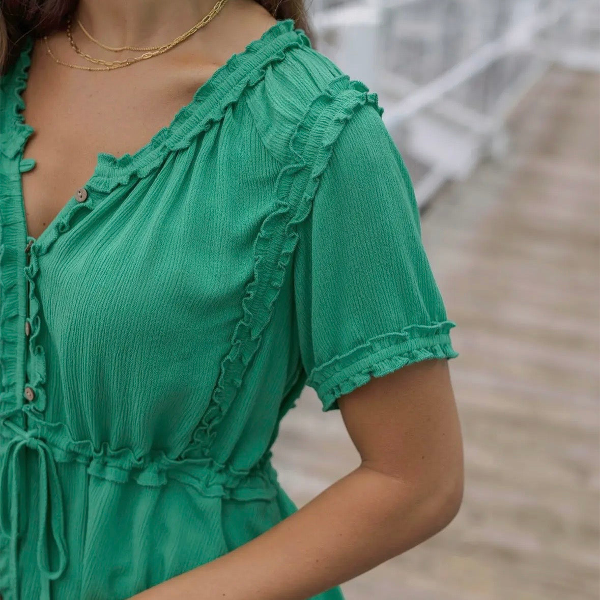 Green Lola Frilly Button Front Top