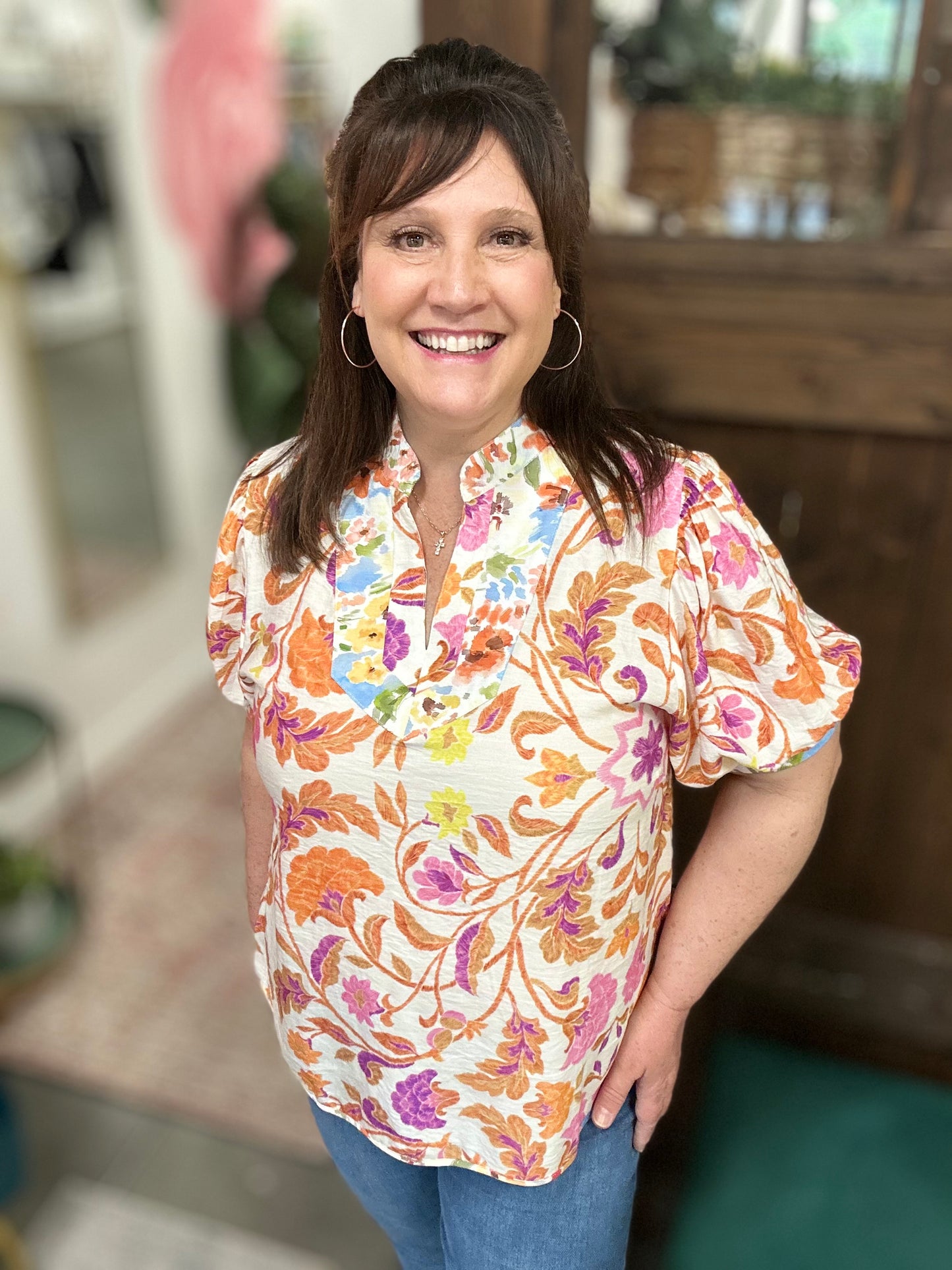 Orange Mix Floral Split-Neck Short Sleeve Top