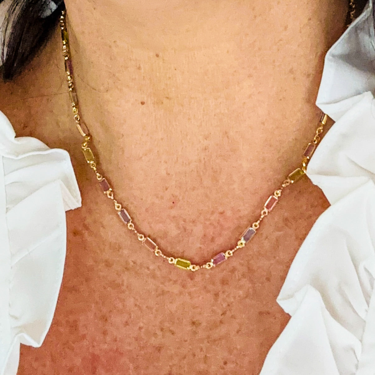Gold filled multi colored cubic zirconia stone necklace