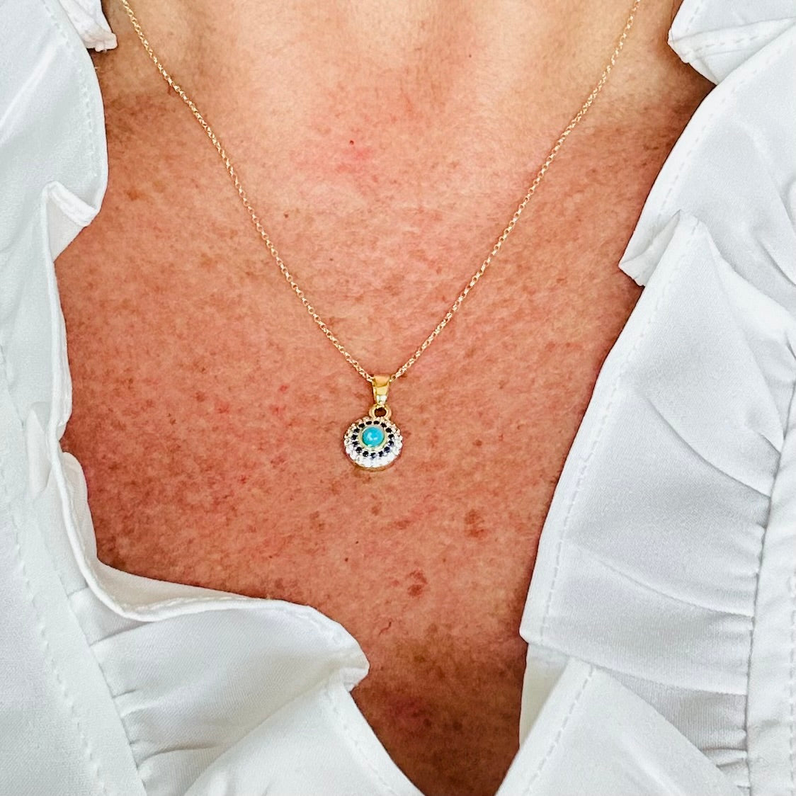 Dainty turquoise round pendant gold necklace