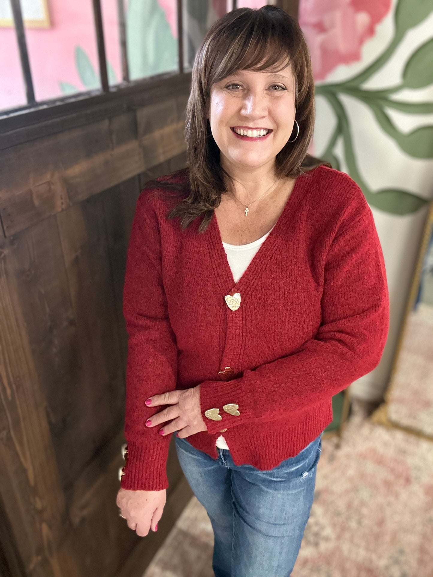 Red Cardigan Sweater With Heart Buttons