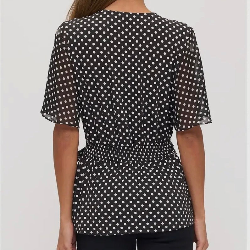 Black Polka Dot V-Neck Tie Waist Top