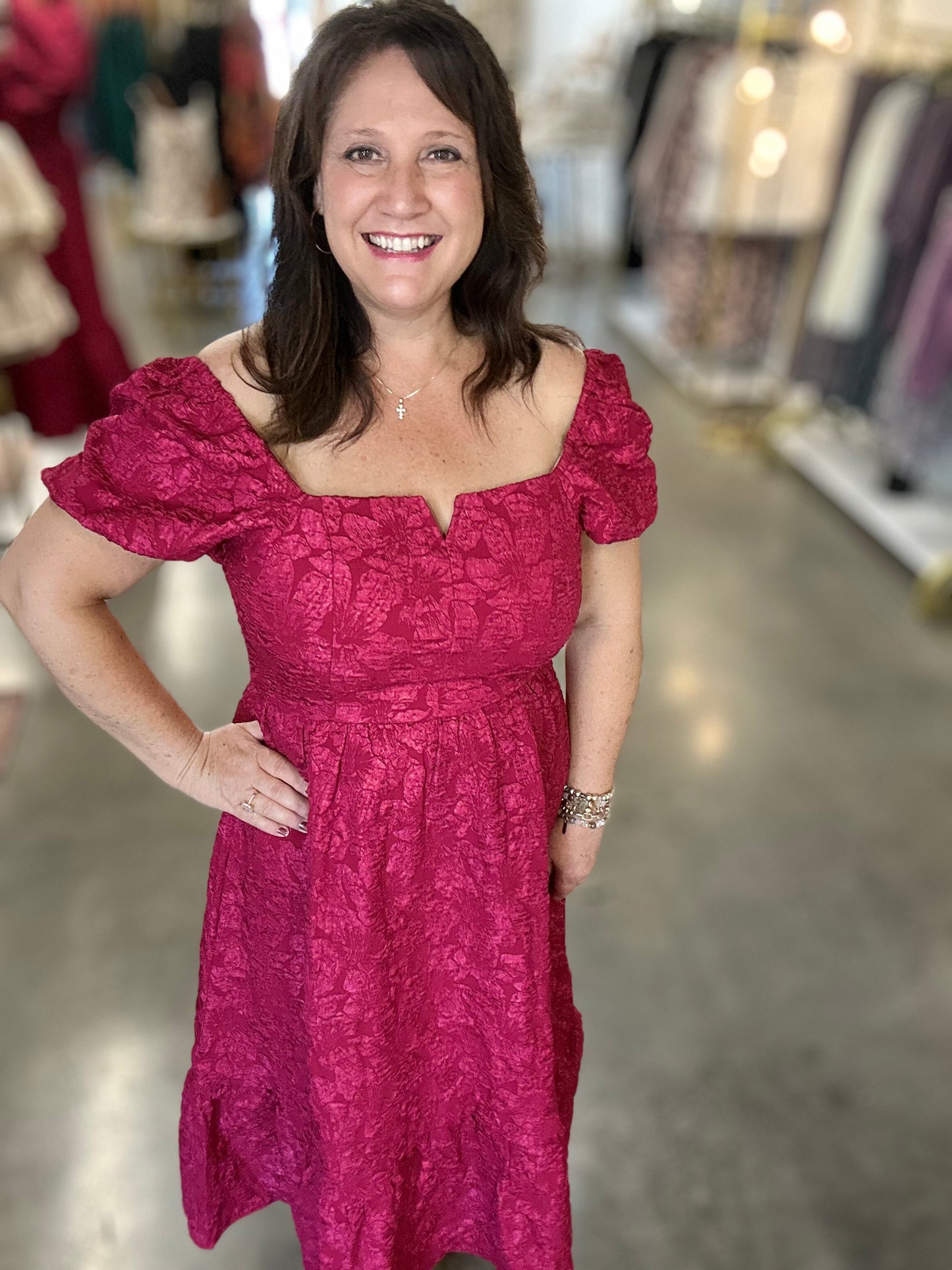 Burgundy Elegance Floral Jacquard Midi Dress