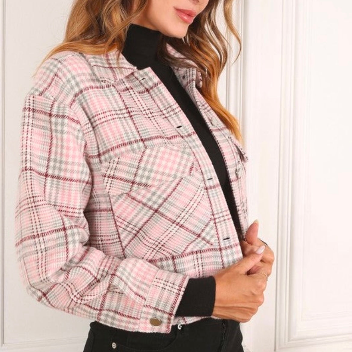 pink plaid crop jacket