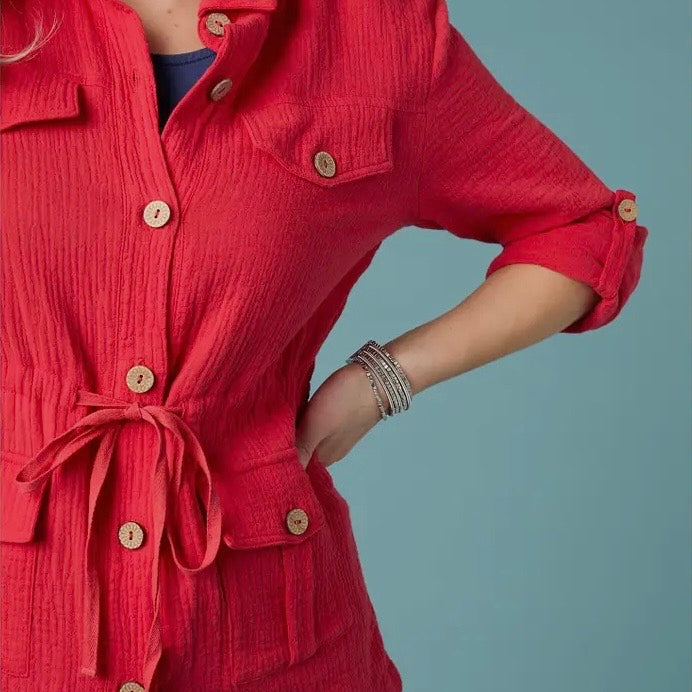 Red Hazel Gauze Button Front Shirt Jacket