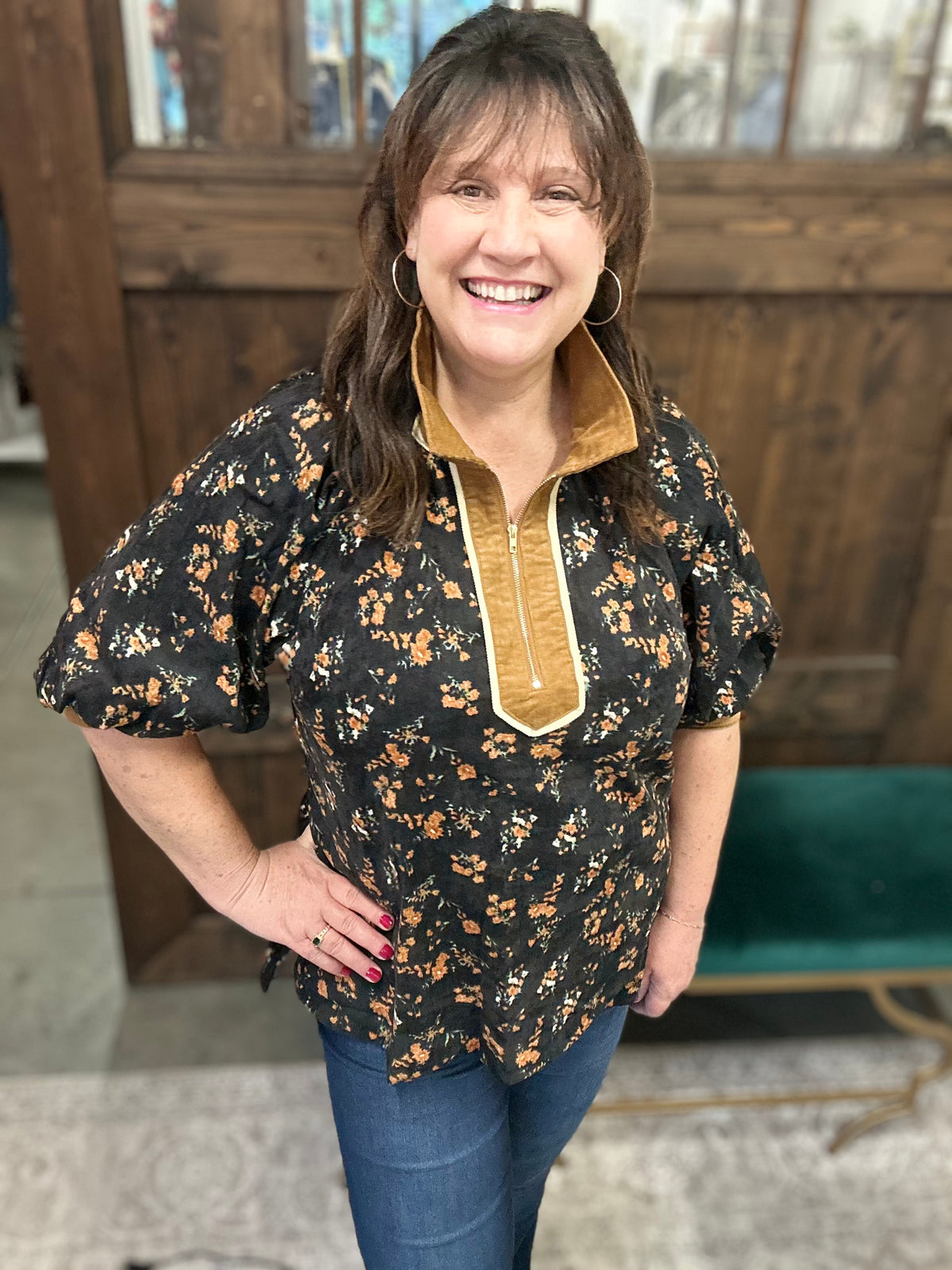 Midnight Floral Print Quarter Zip Contrast Collar Top
