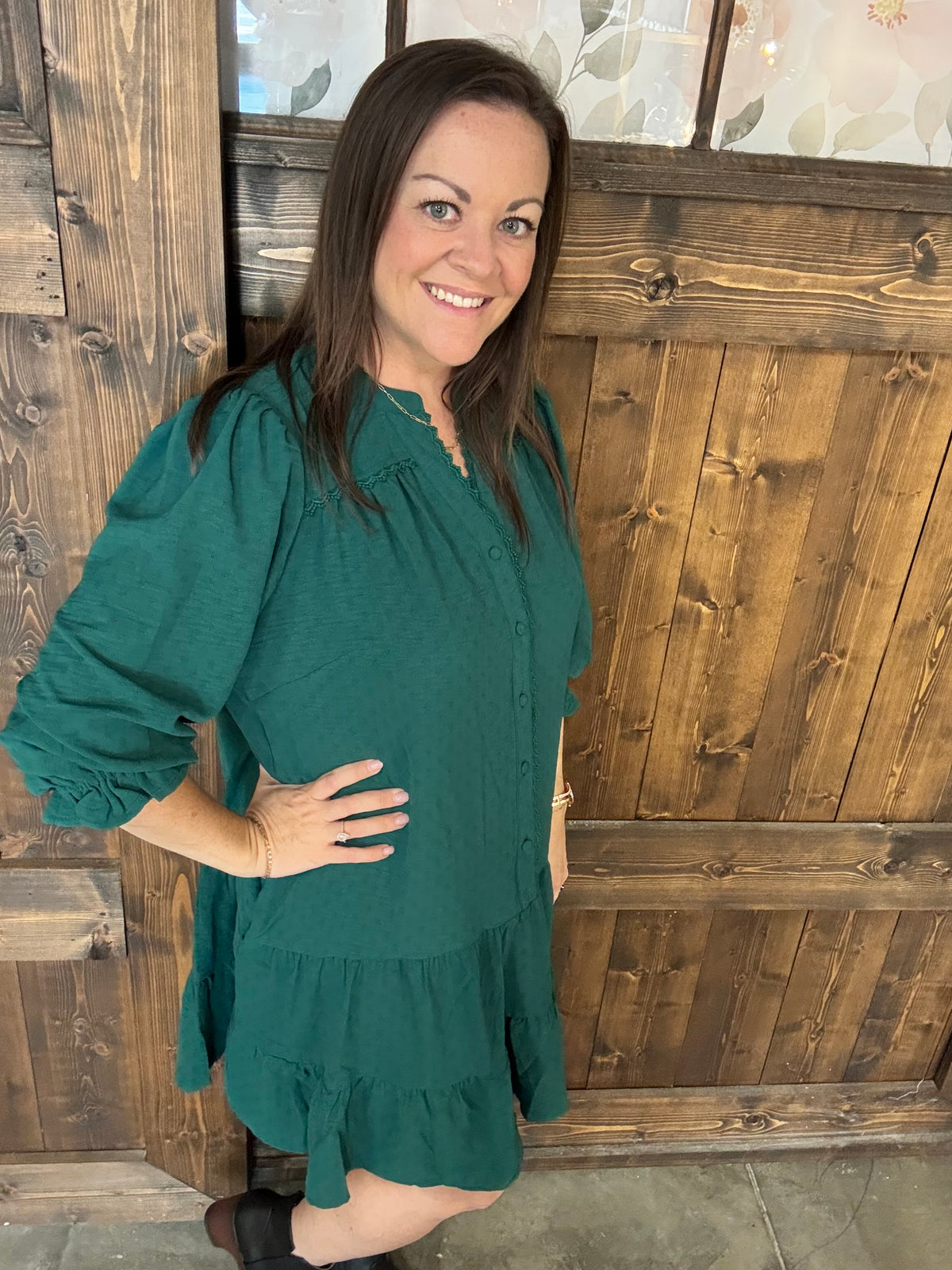 Olive Green Half Button Down Lace Yoke Dress