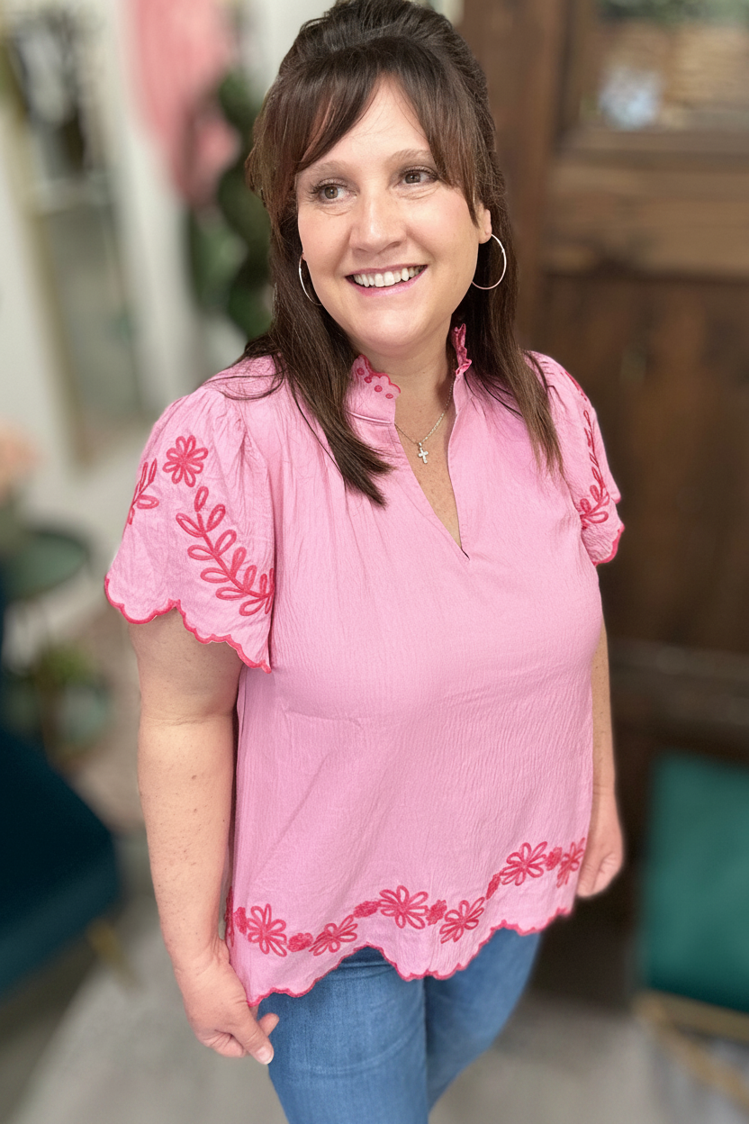 Peony Embroidered Scallop Top