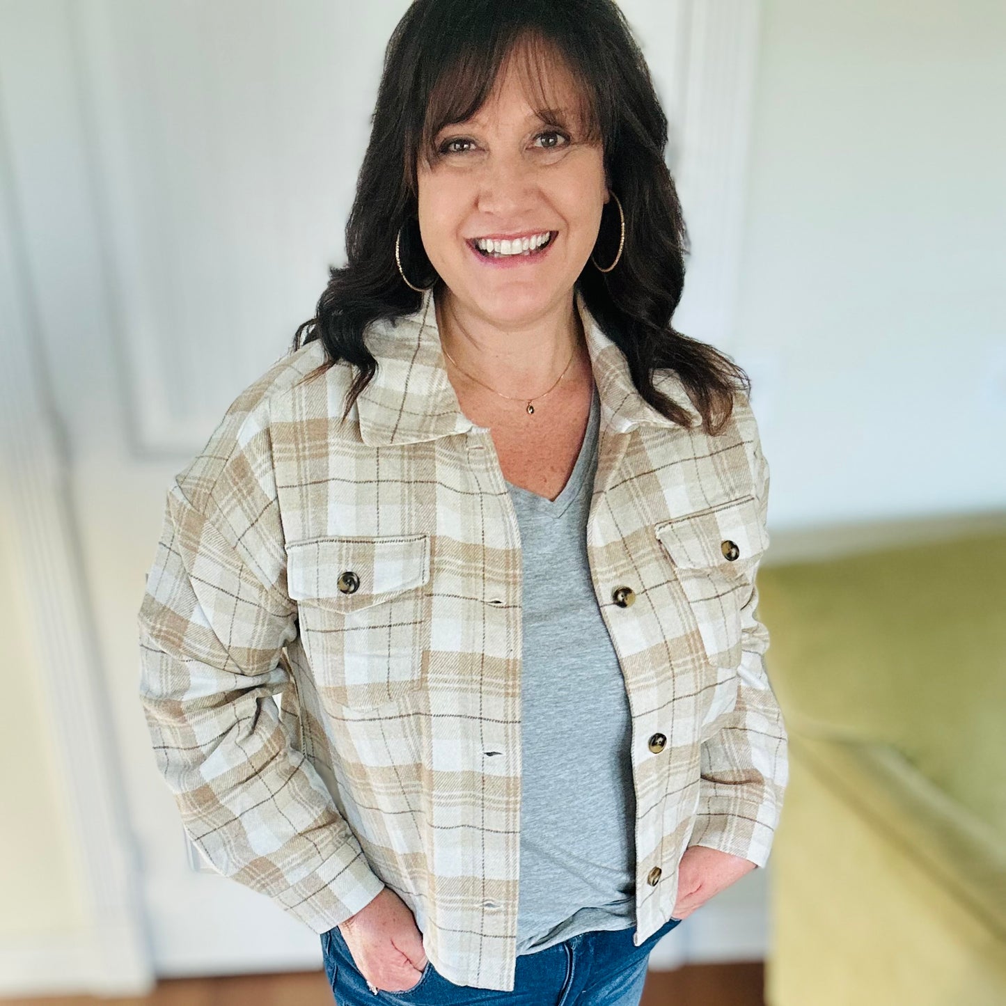 beige plaid shacket with front pockets