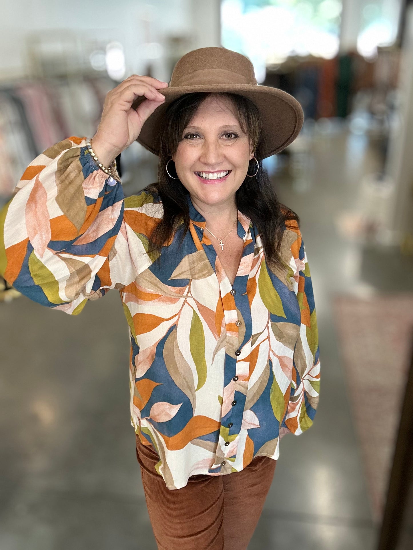 Indigo Leaf Print Blouse