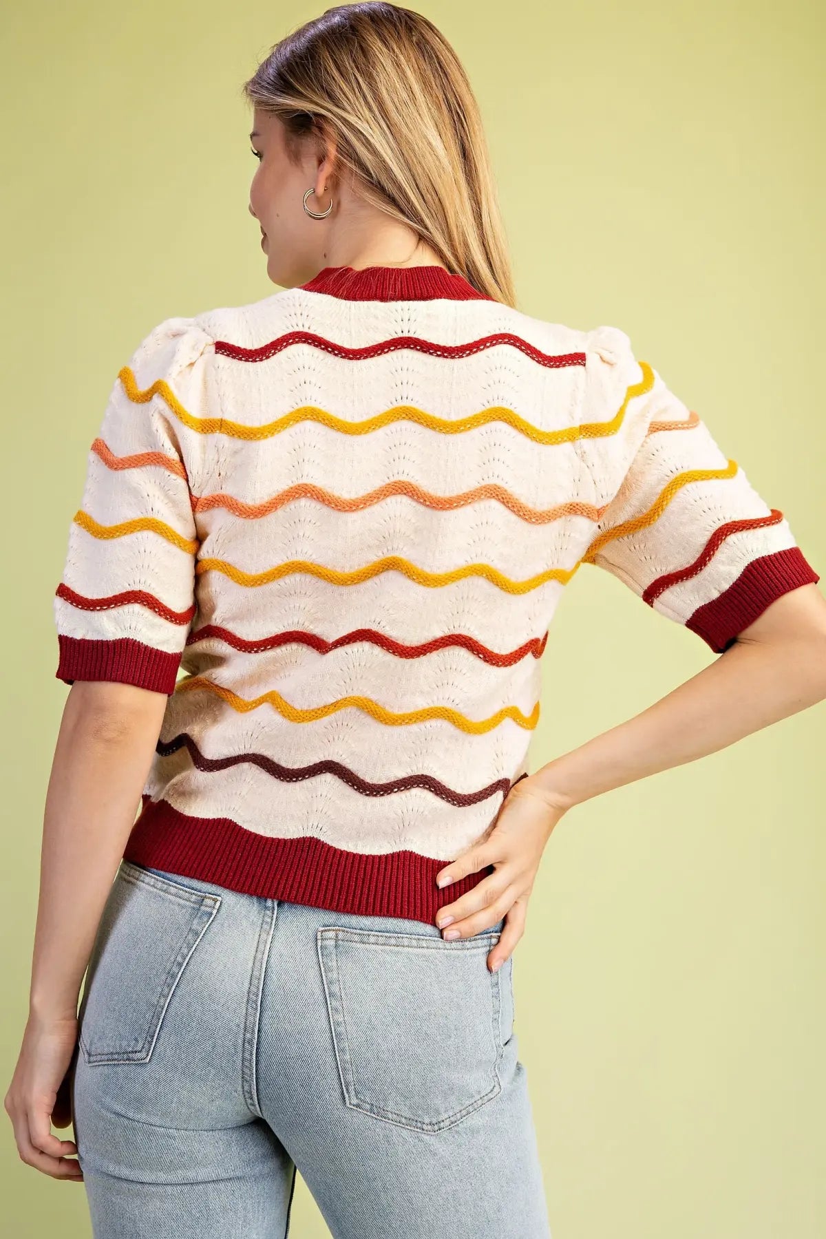 Ivory Mix Pointelle Knit Short Sleeve Sweater w/ Wave Details
