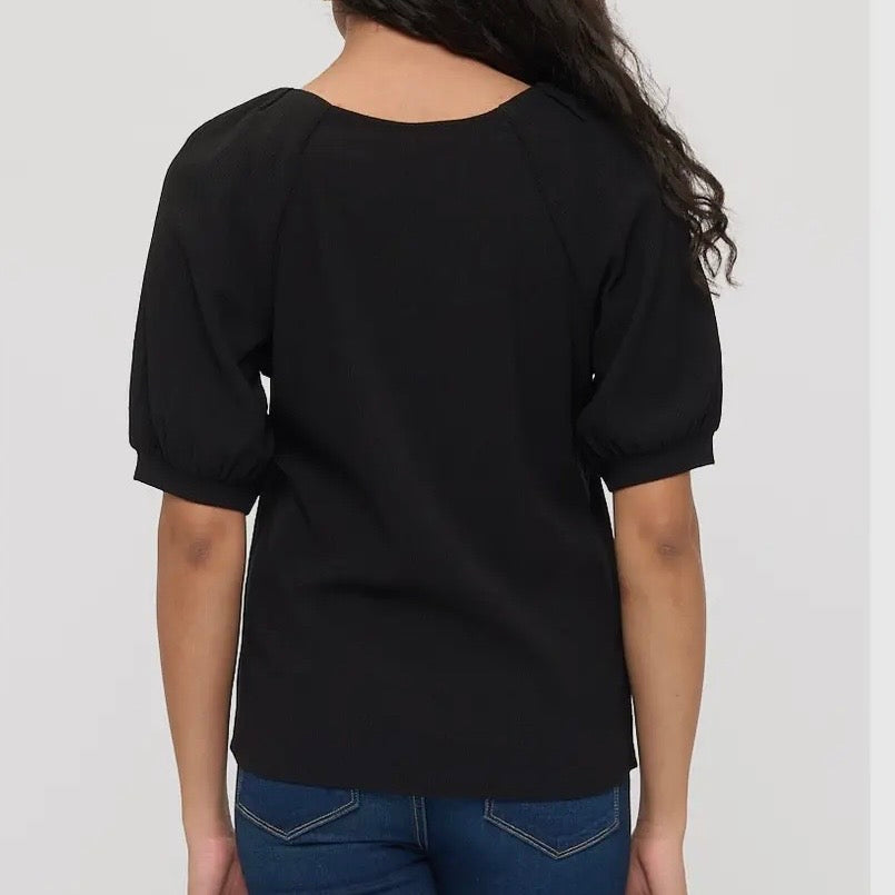 Black V-Neck Smocking Detail Top