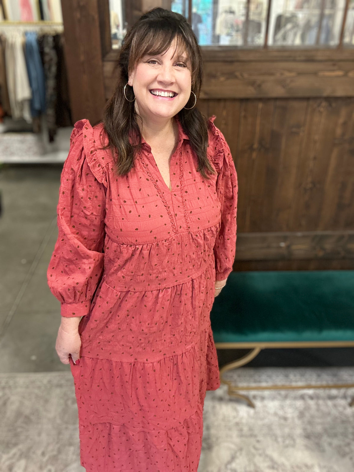 Clay Swiss Dot Tiered Midi Dress