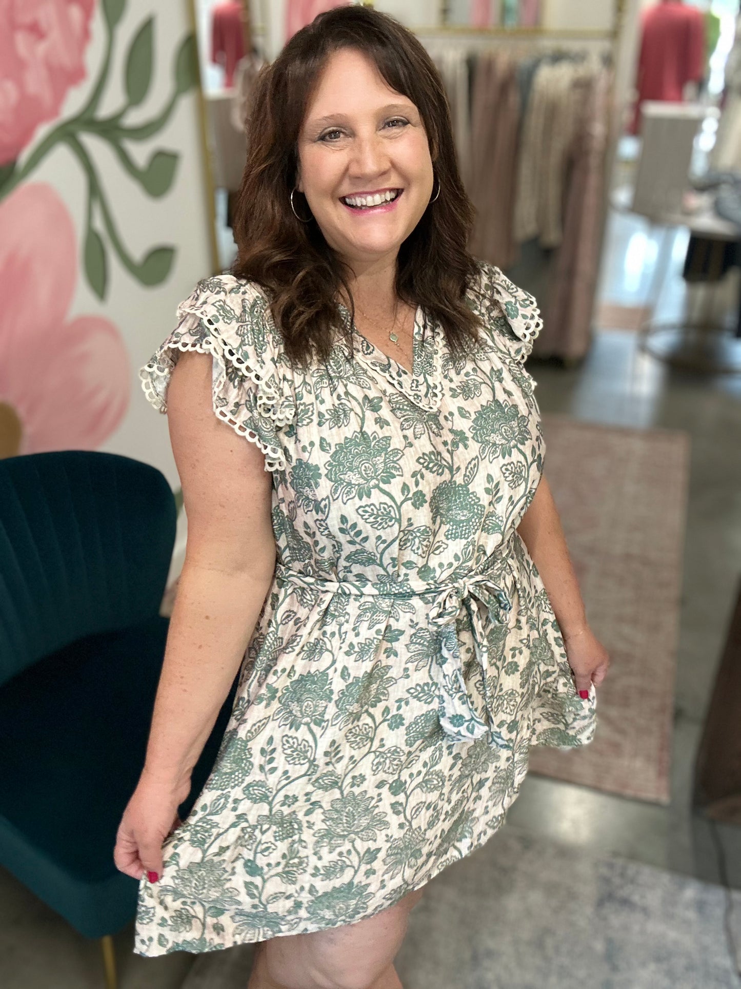 Green Floral Ruffle Sleeve Dress