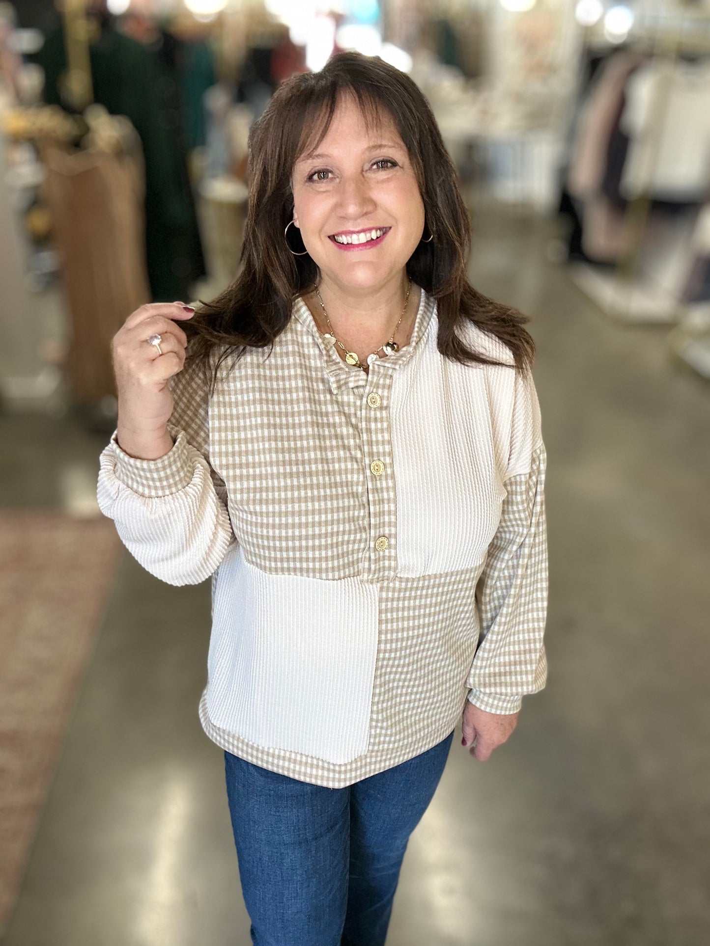 Taupe Check Mate Long Sleeve Top